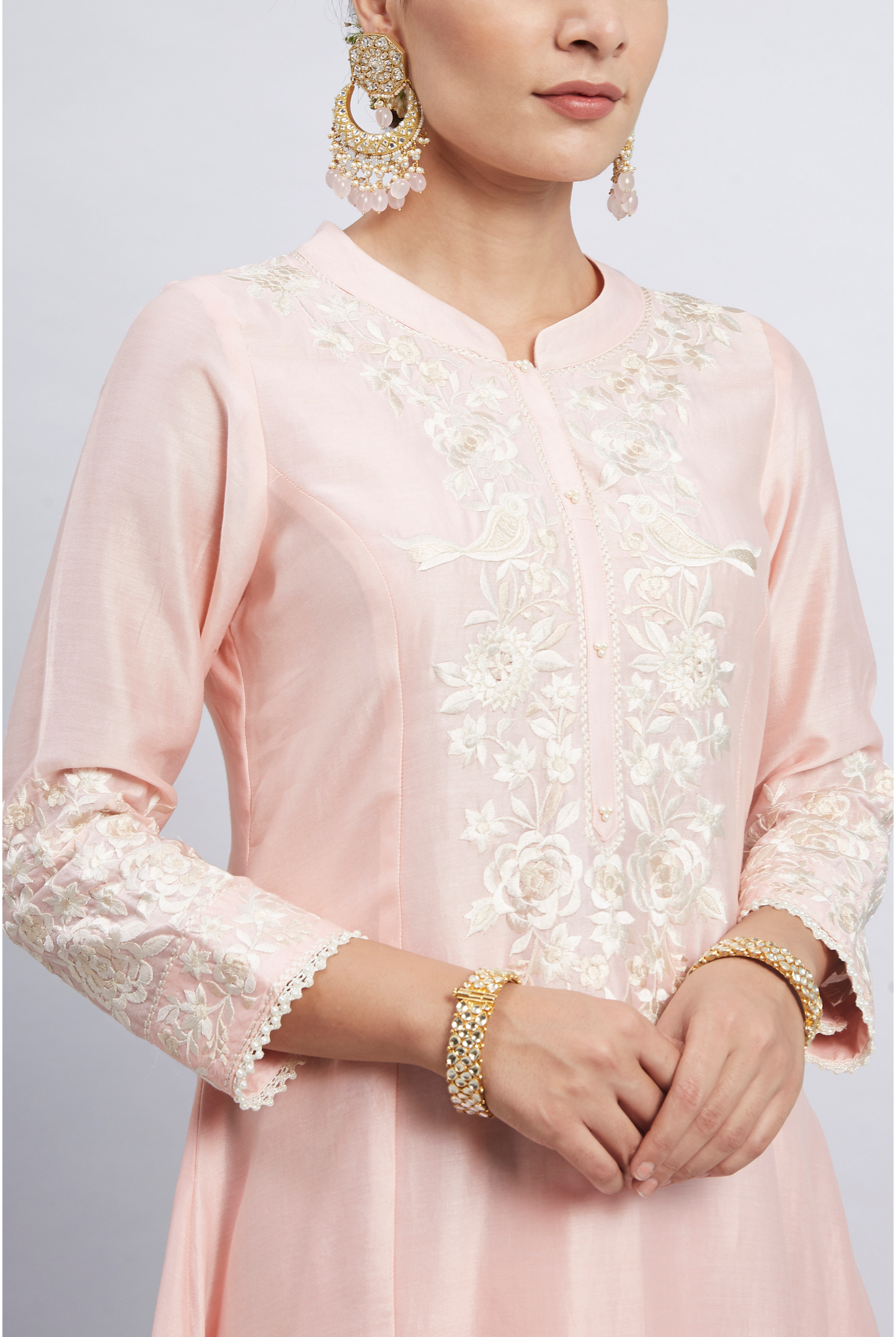 Kaina Pure Chanderi Silk Parsi Gara Embroidered Ensemble - Soft Pink