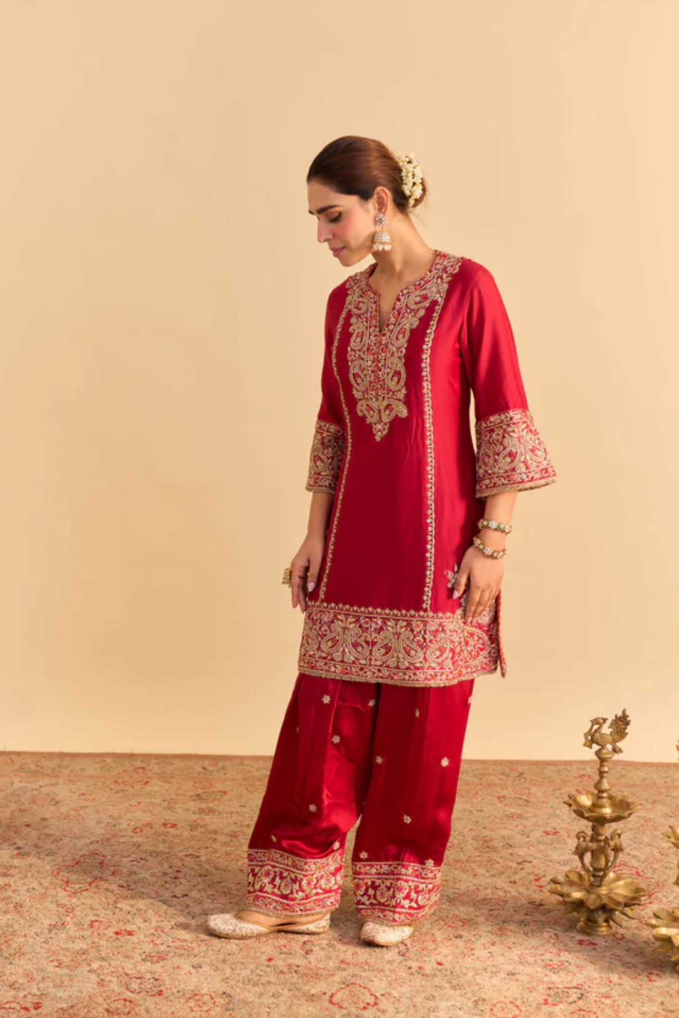 Dua Deep red Dabka Zardozi Embroidered Short kurta Set