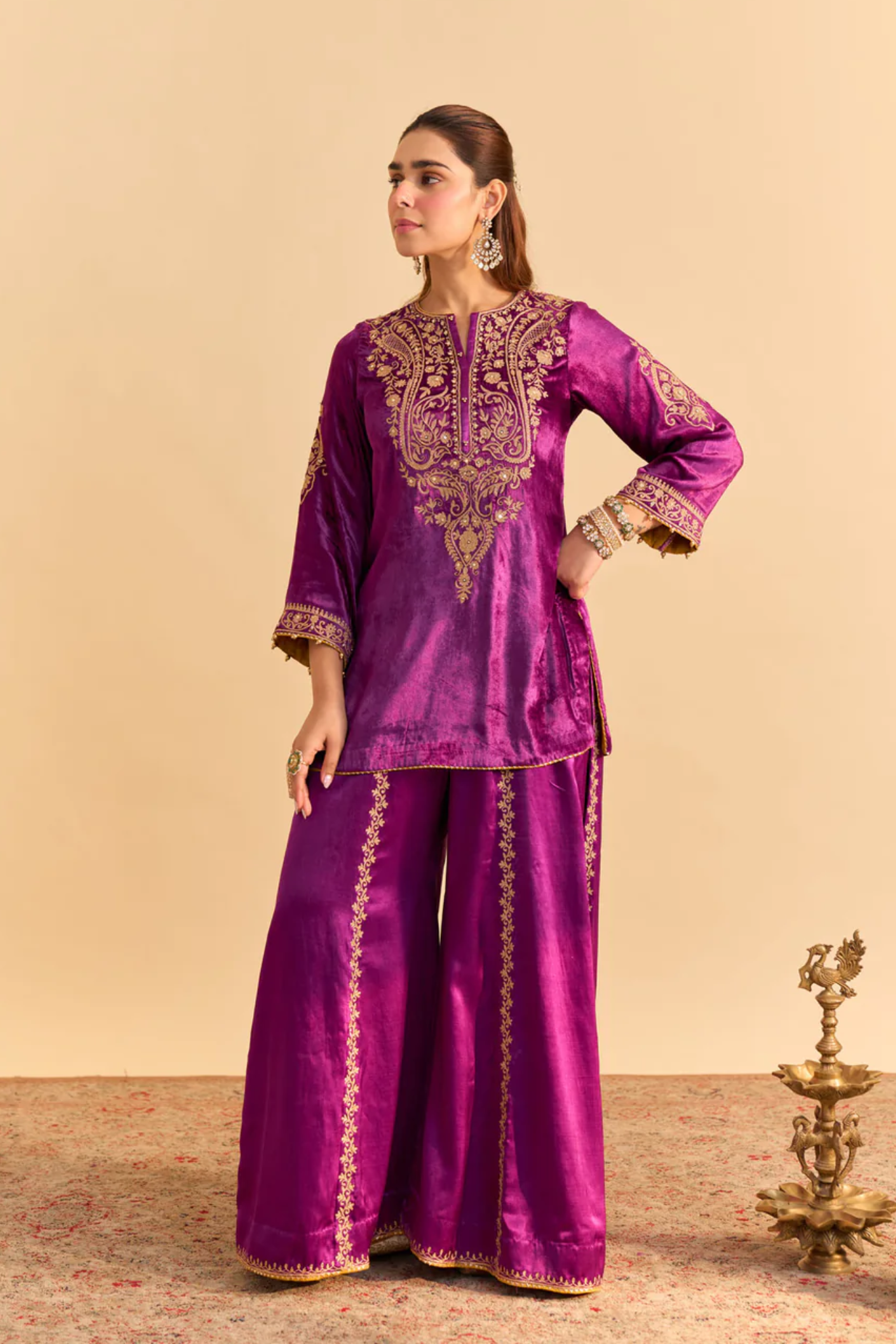Aroob - Silk Velvet Deep Purple Kurta With Sharara And Dupatta
