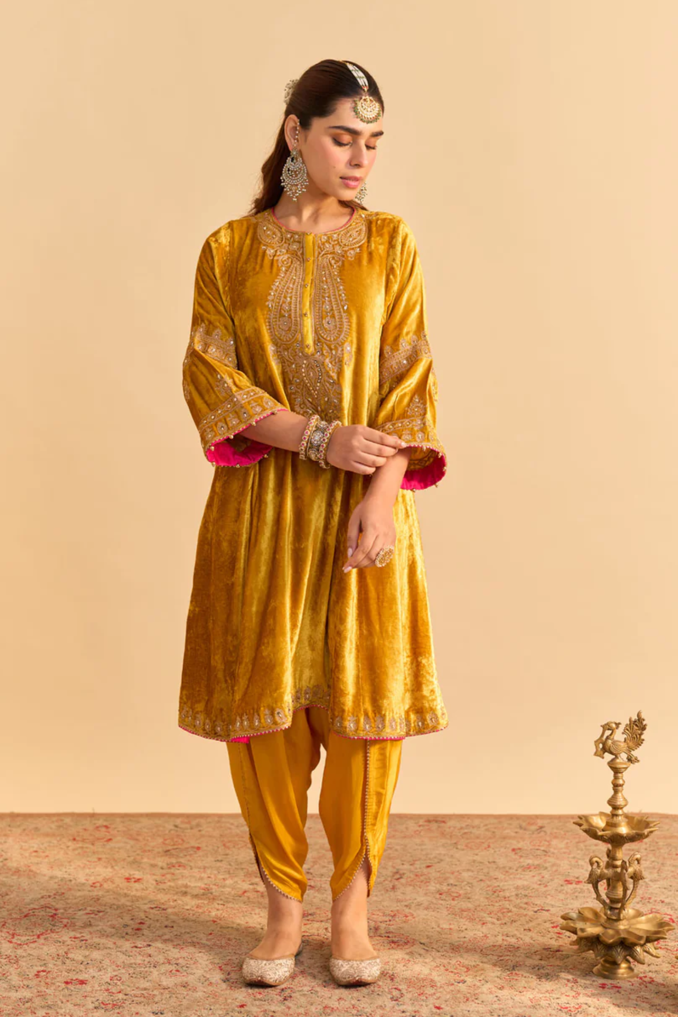 Amal - Silk Velvet Mustard A-line Kurta with Dhoti