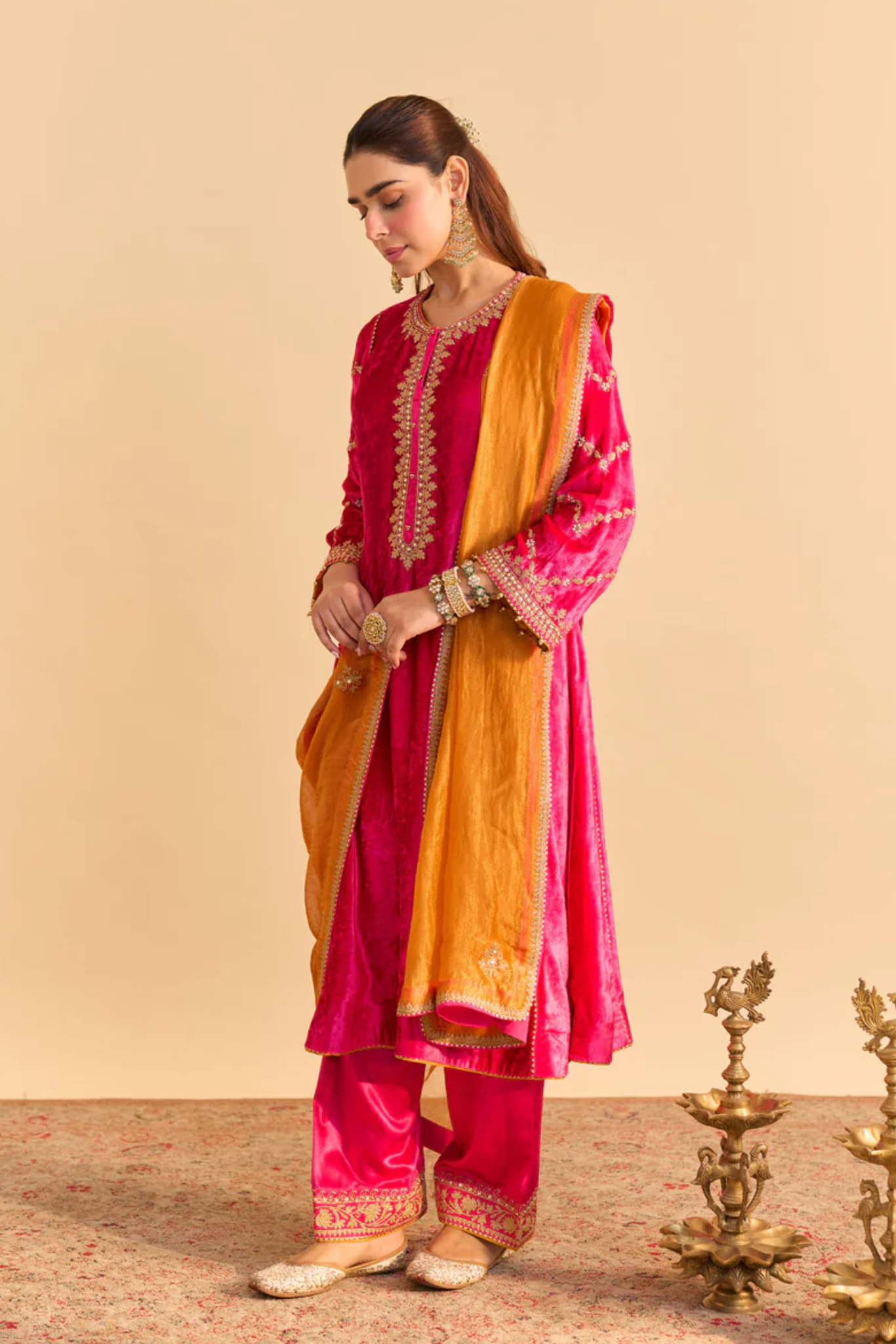 Azmiya - Silk Velvet Hotpink Chauga With Salwar