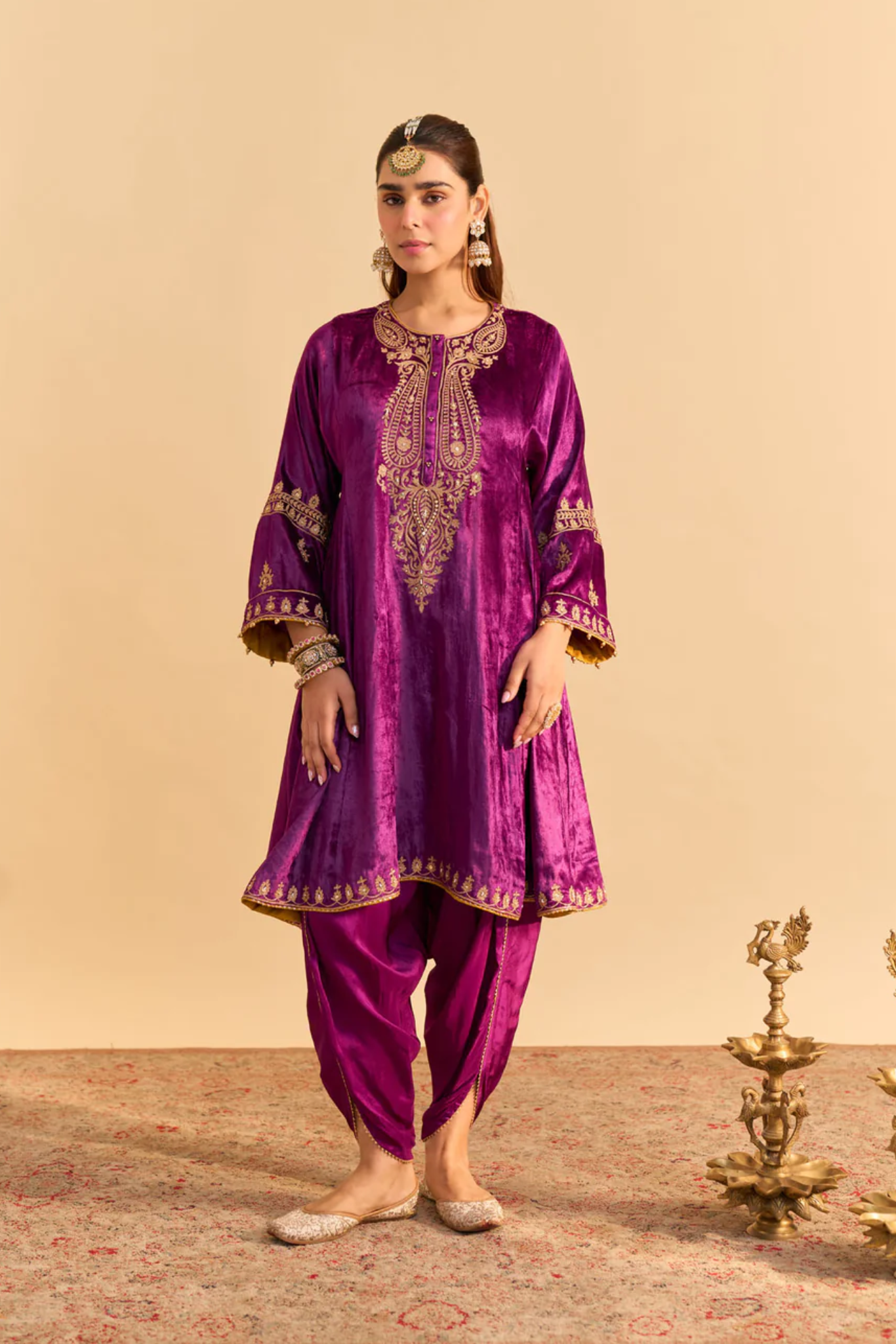 Amal - Silk Velvet Deep Purple A-line Kurta with Dhoti with Dupatta