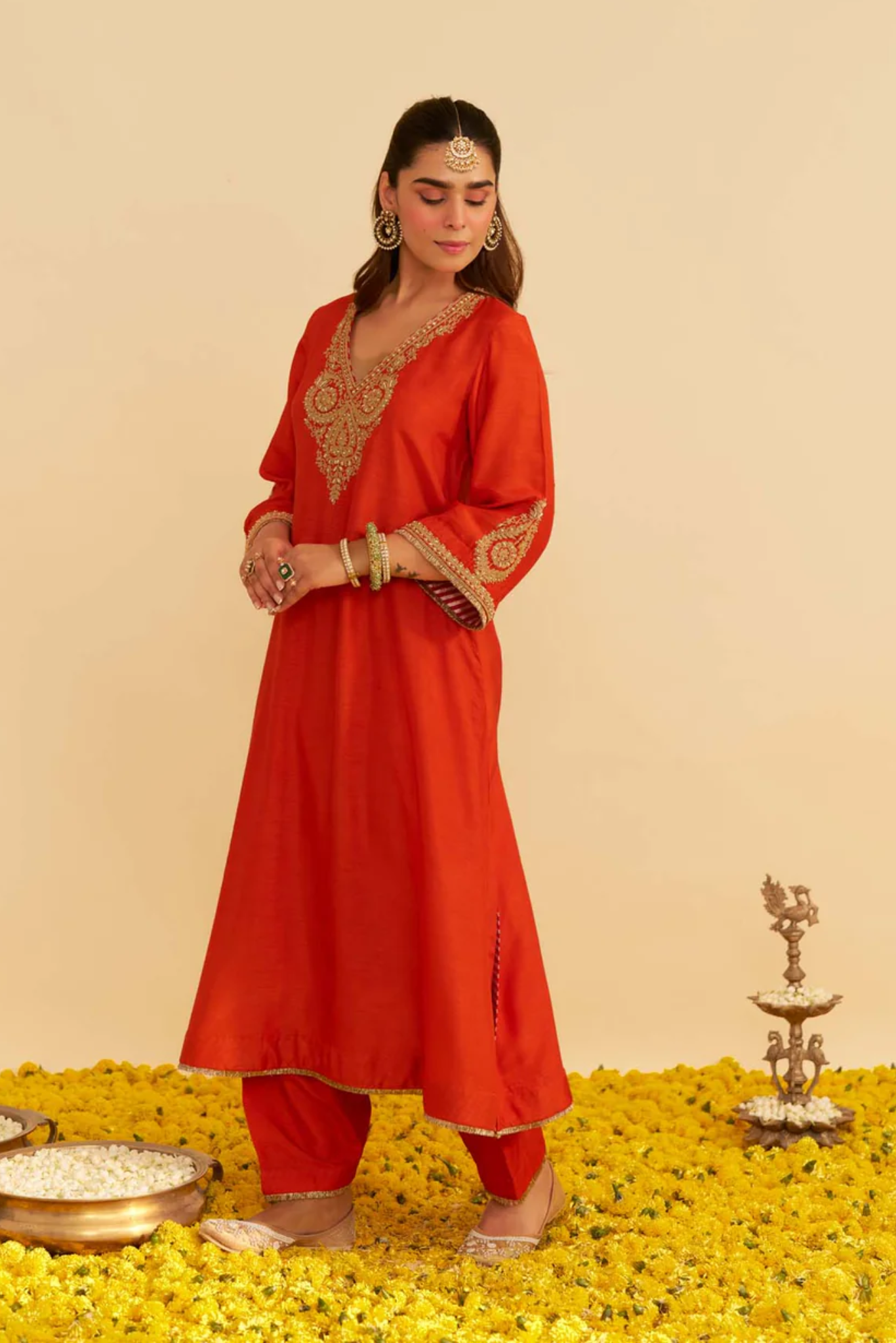 Haayat - Burnt Orange Long Kaftan With Salwar