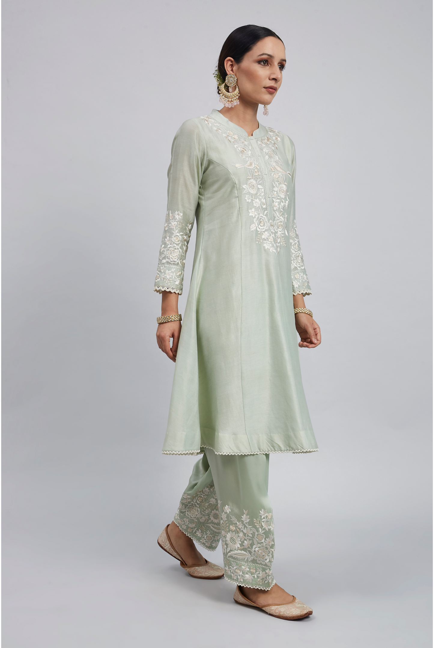 Kaina Pure Chanderi Silk Parsi Gara Embroidered Ensemble- Mint Green