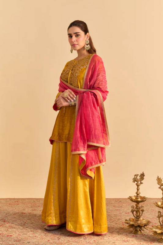 Aroob - Silk Velvet Mustard Kurta With Sharara And Dupatta