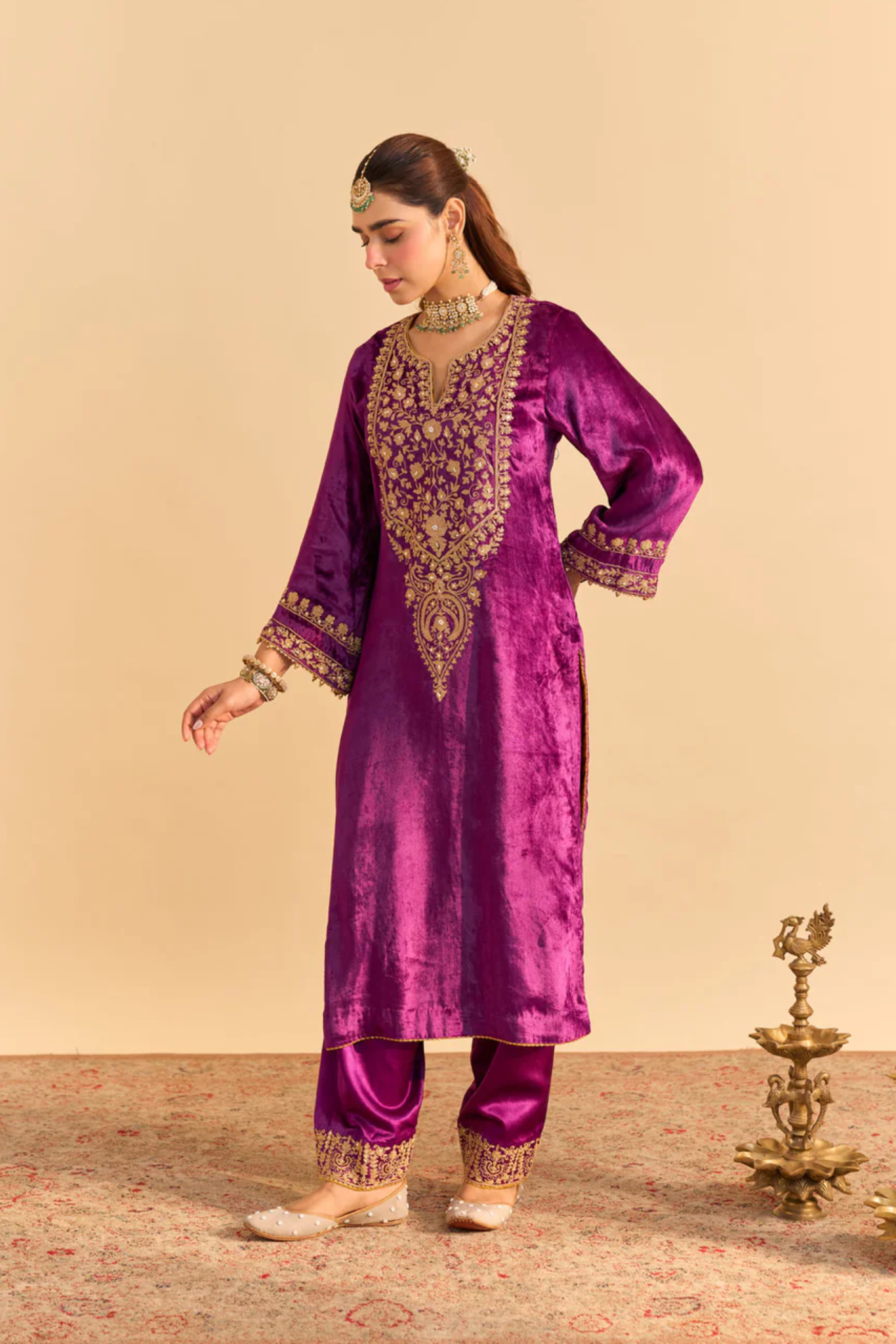 Fareeha - Silk Velvet Deep Purple Kurta With Salwar
