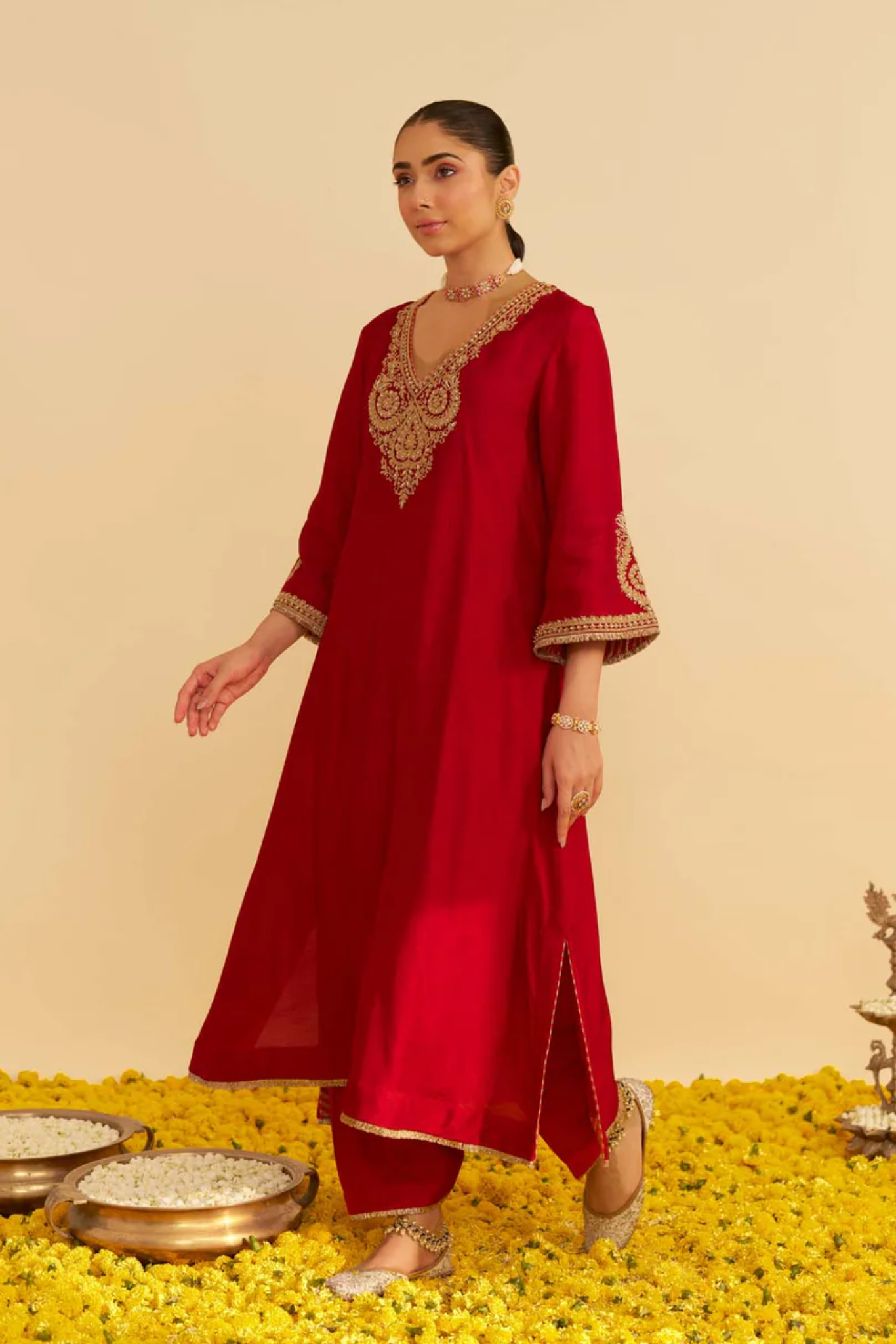 Haayat - Deep Red Long Kaftan With Salwar
