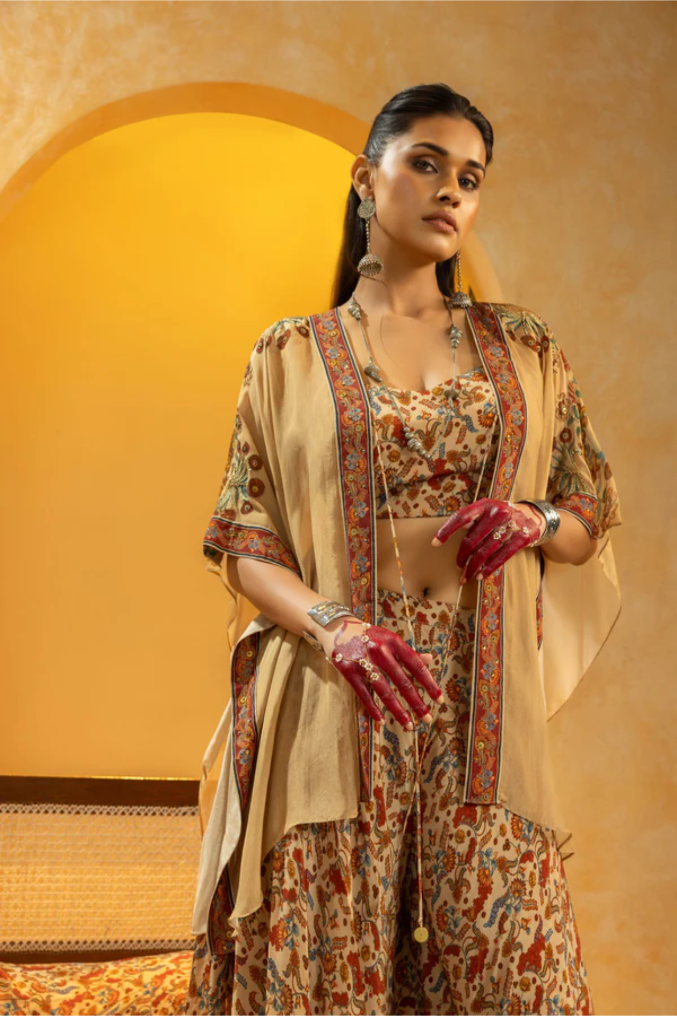 Rangtara embellished layered pant set with cape