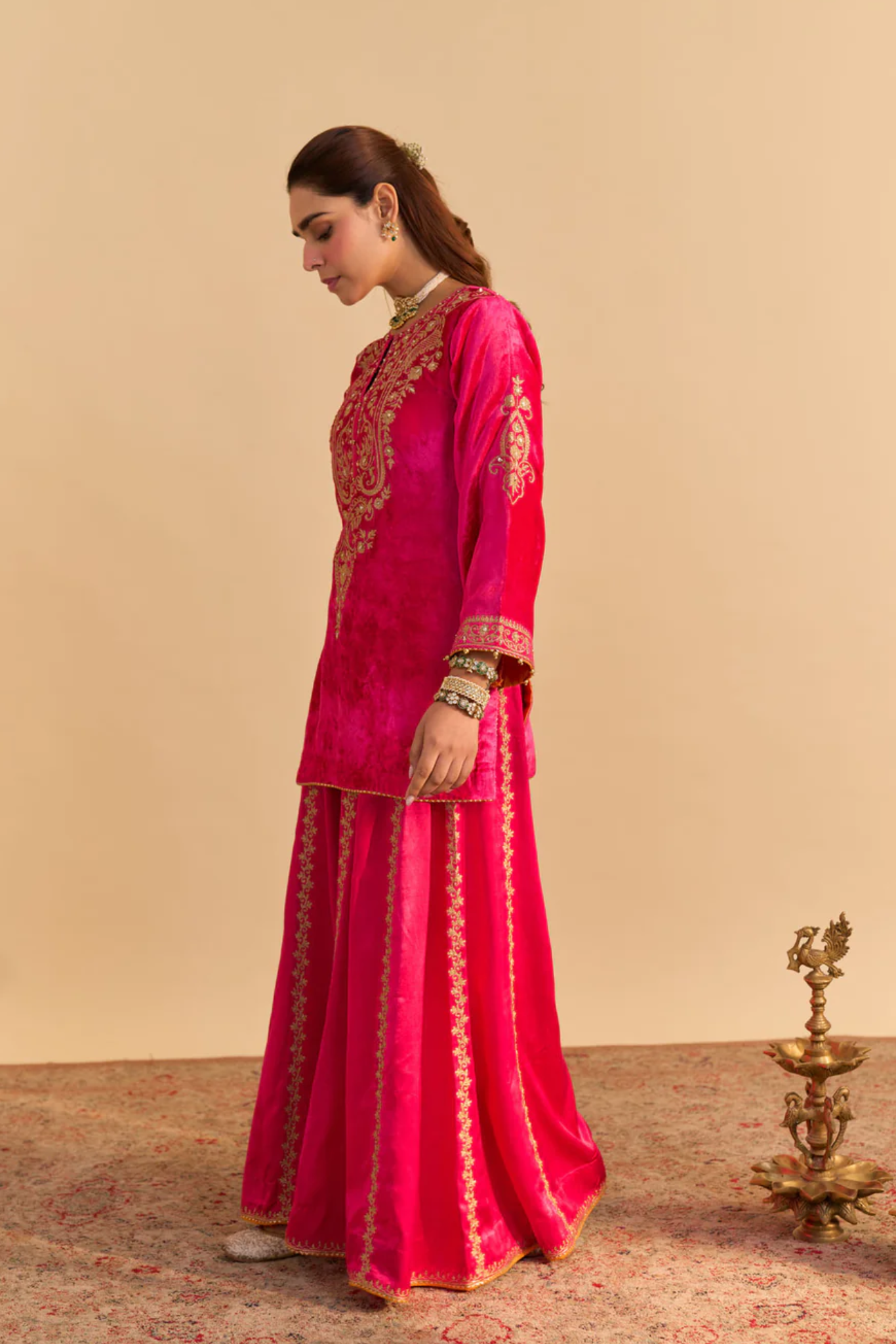 Aroob - Silk Velvet Hotpink Kurta With Sharara And Dupatta