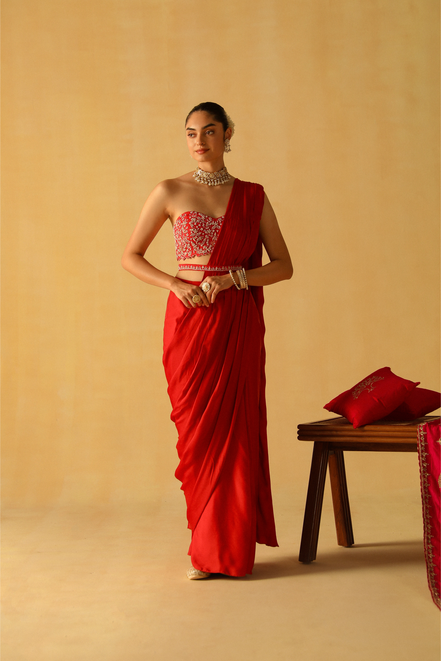 Rumaan Draped Saree - Deep Red