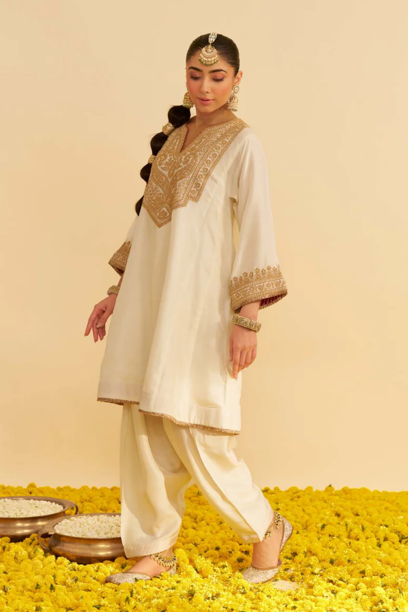 Mehza - Daisy Ivory Short Chauga With Salwar and Dupatta