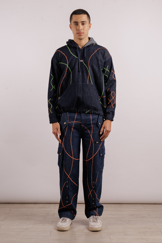 Blue Embroidered Street Map Denim Cargo Pants