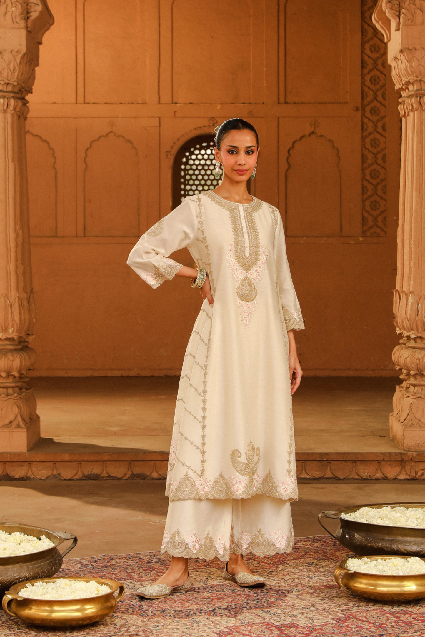 Yusra A-line palazzo suit with dupatta - Daisy Ivory