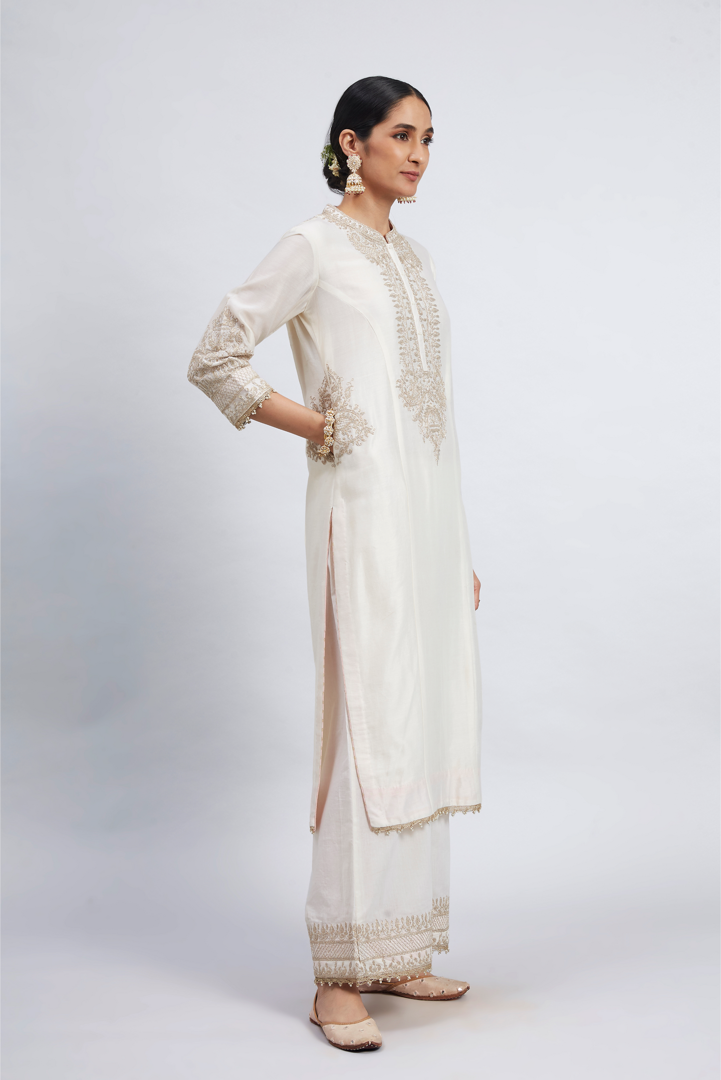 Aadah Princess Cut Long Kurta Set - Daisy Ivory