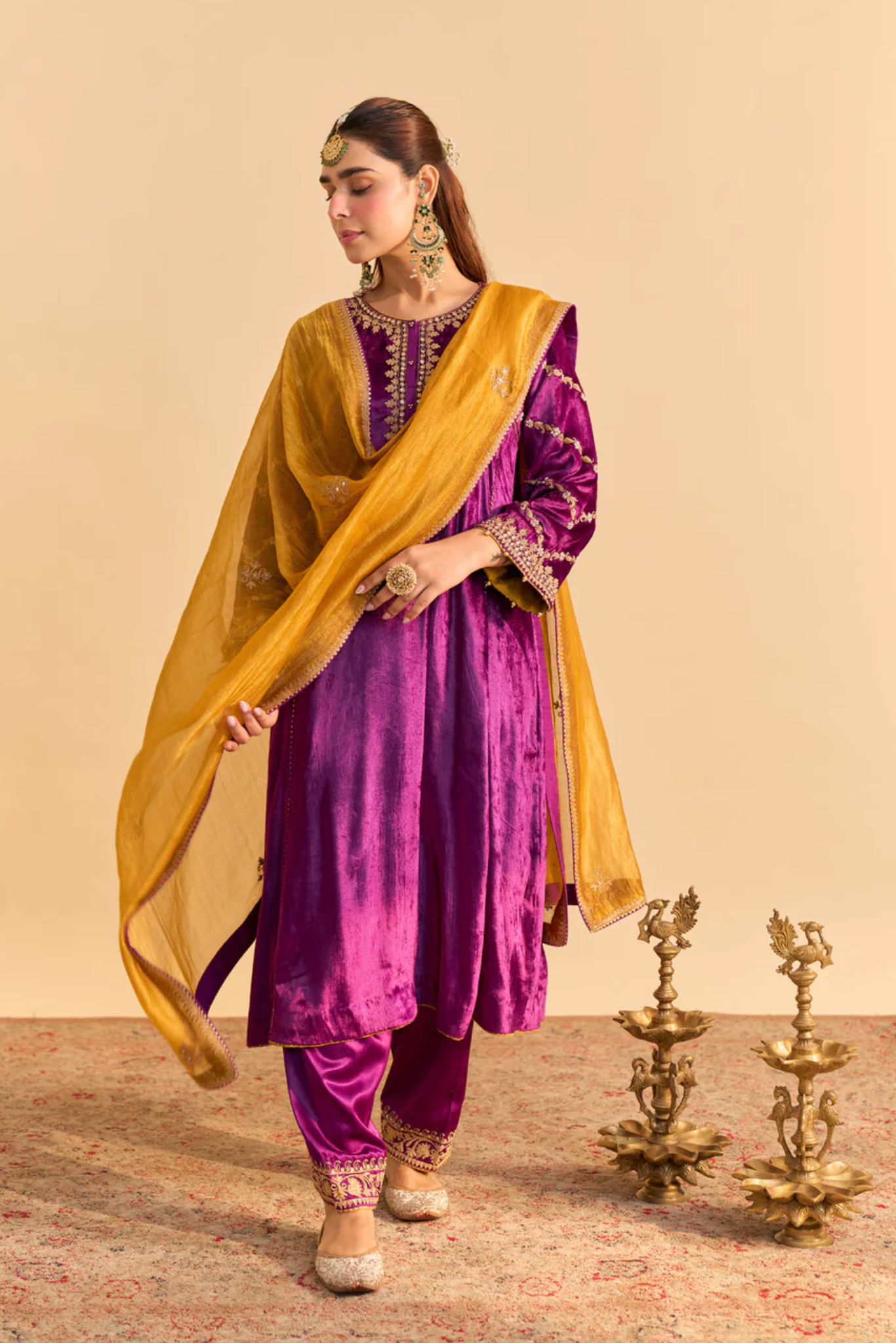 Azmiya - Silk Velvet Deep Purple Chauga With Salwar