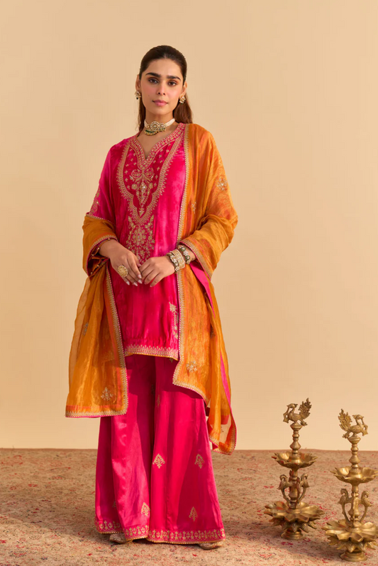 Nooren - Silk Velvet Hotpink Kurta With Flared Palazzo And Dupatta