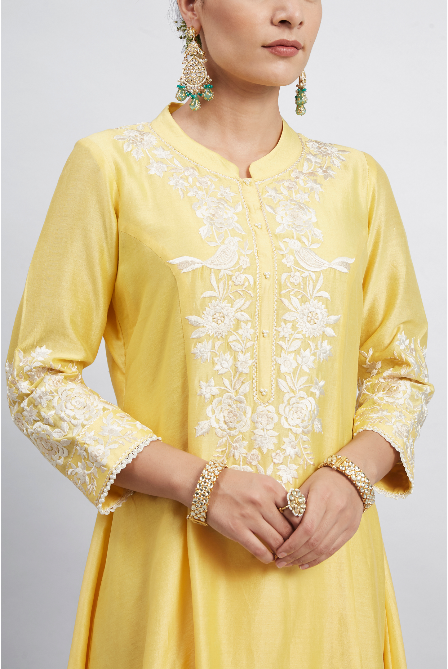 Kaina Pure Chanderi Silk Parsi Gara Embroidered Ensemble - Daffodil Yellow