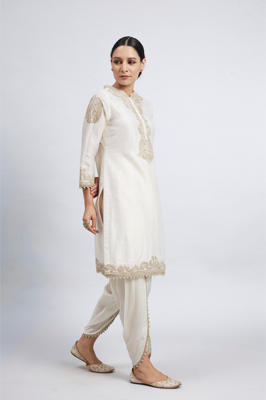 Aabisah Embroidered Kurta with Dhoti - Daisy Ivory