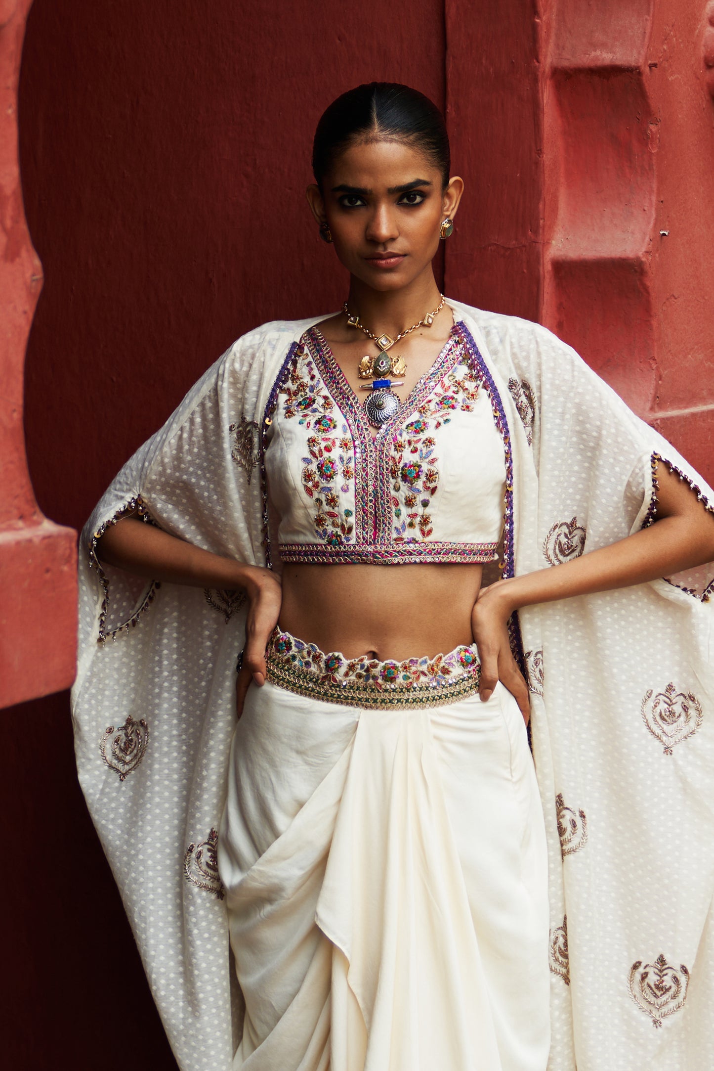 Ivory Embroidered Cape Set