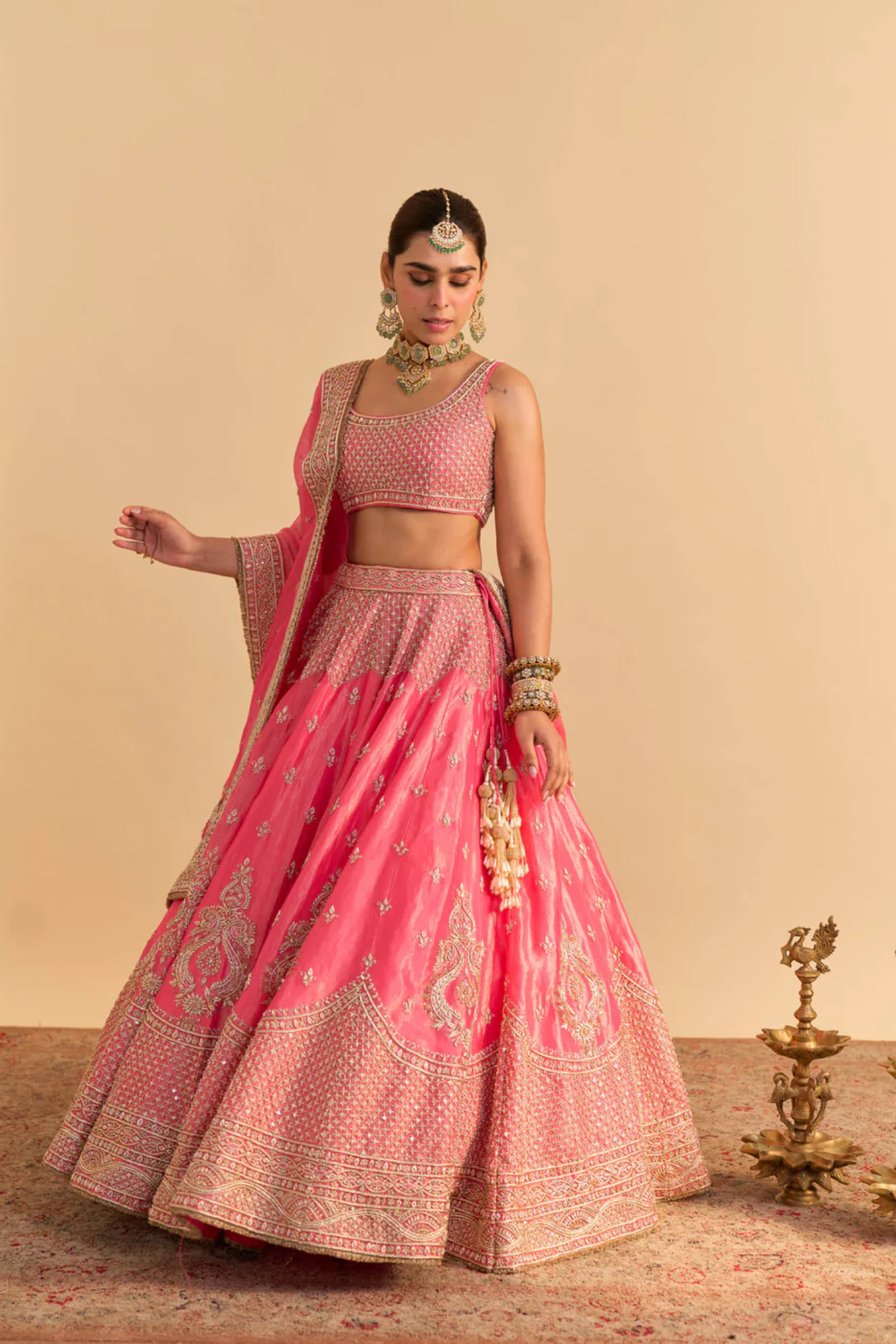 Aashina - Dabka Zardozi Embroidered Pure Tissue Carrot Pink Lehenga Set