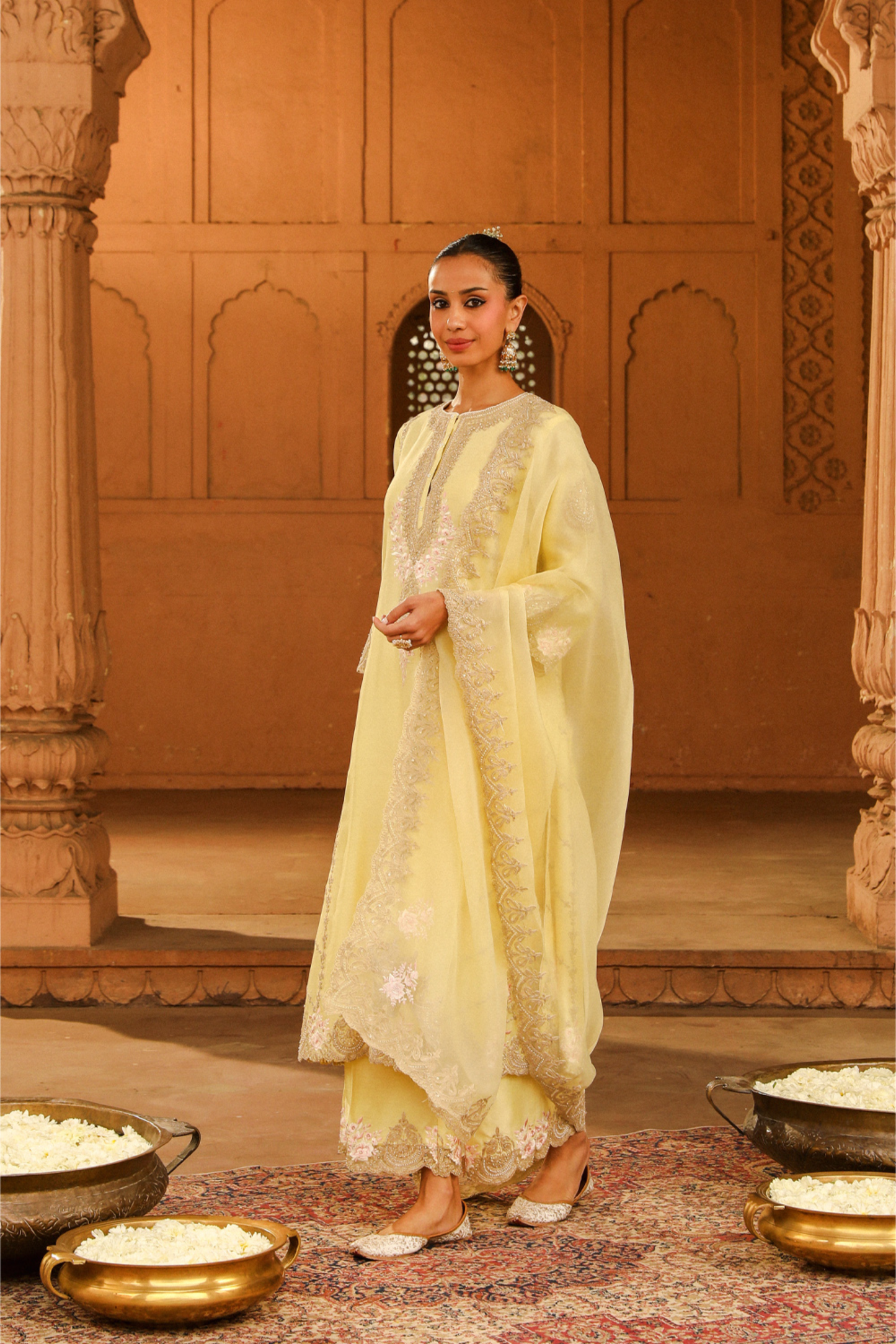 Yusra A-line palazzo suit with dupatta - Lemon Yellow