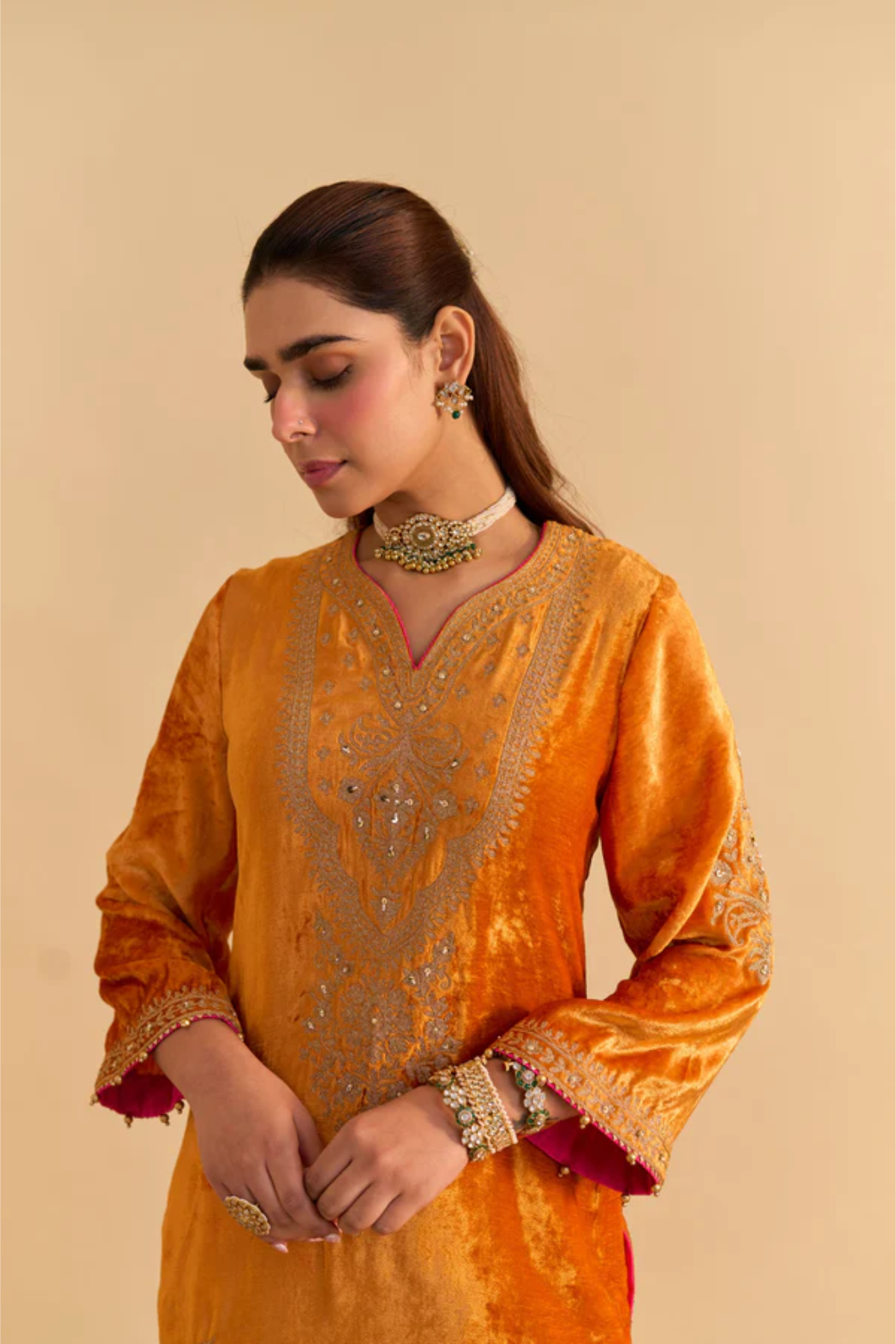 Nooren - Silk Velvet Orange Kurta With Flared Palazzo And Dupatta