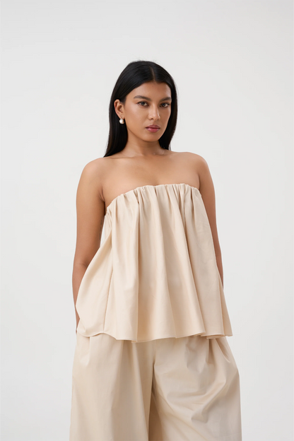 VERA GATHERED TOP - BEIGE