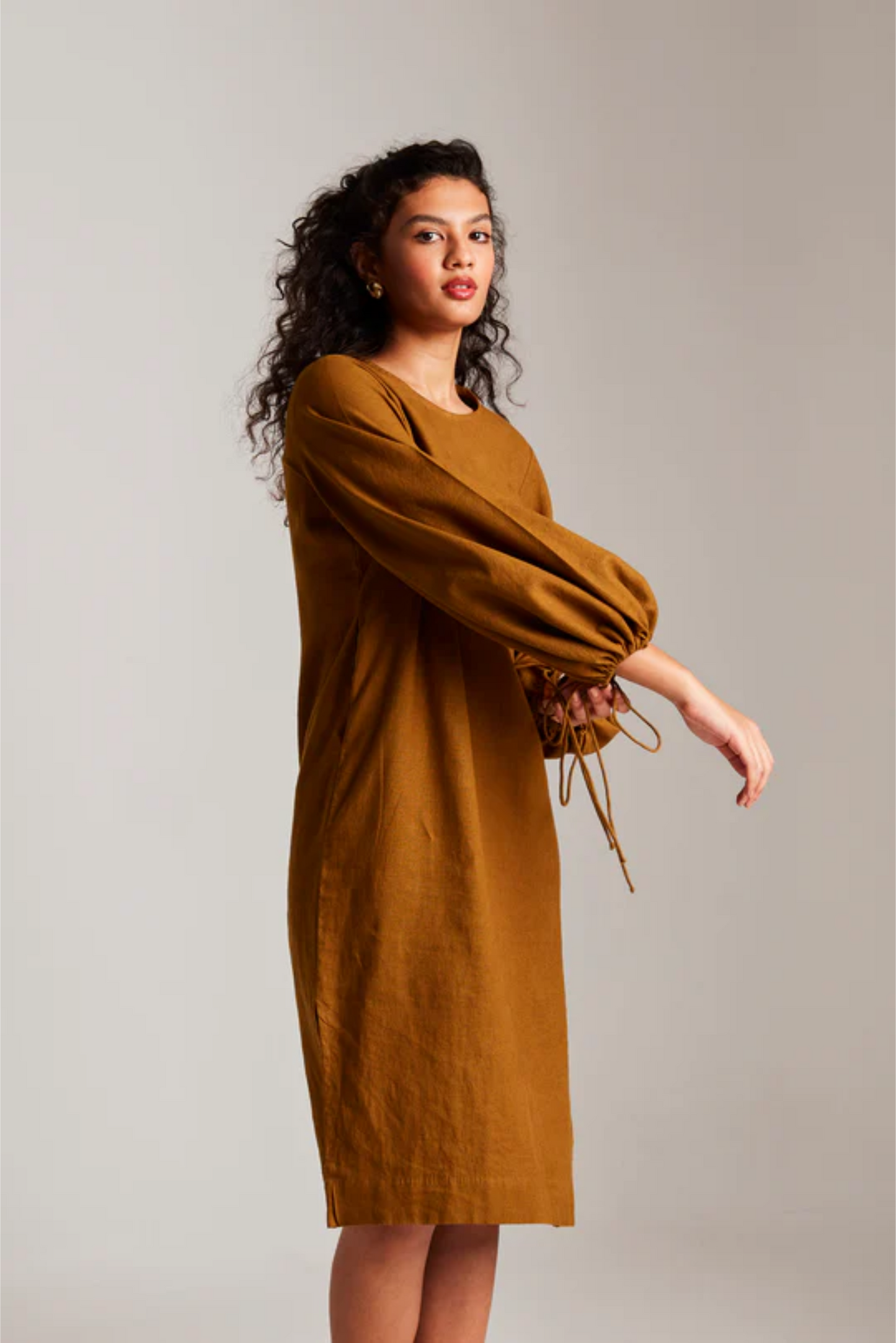 Olive Co-Linen Balloon Sleeves Dress