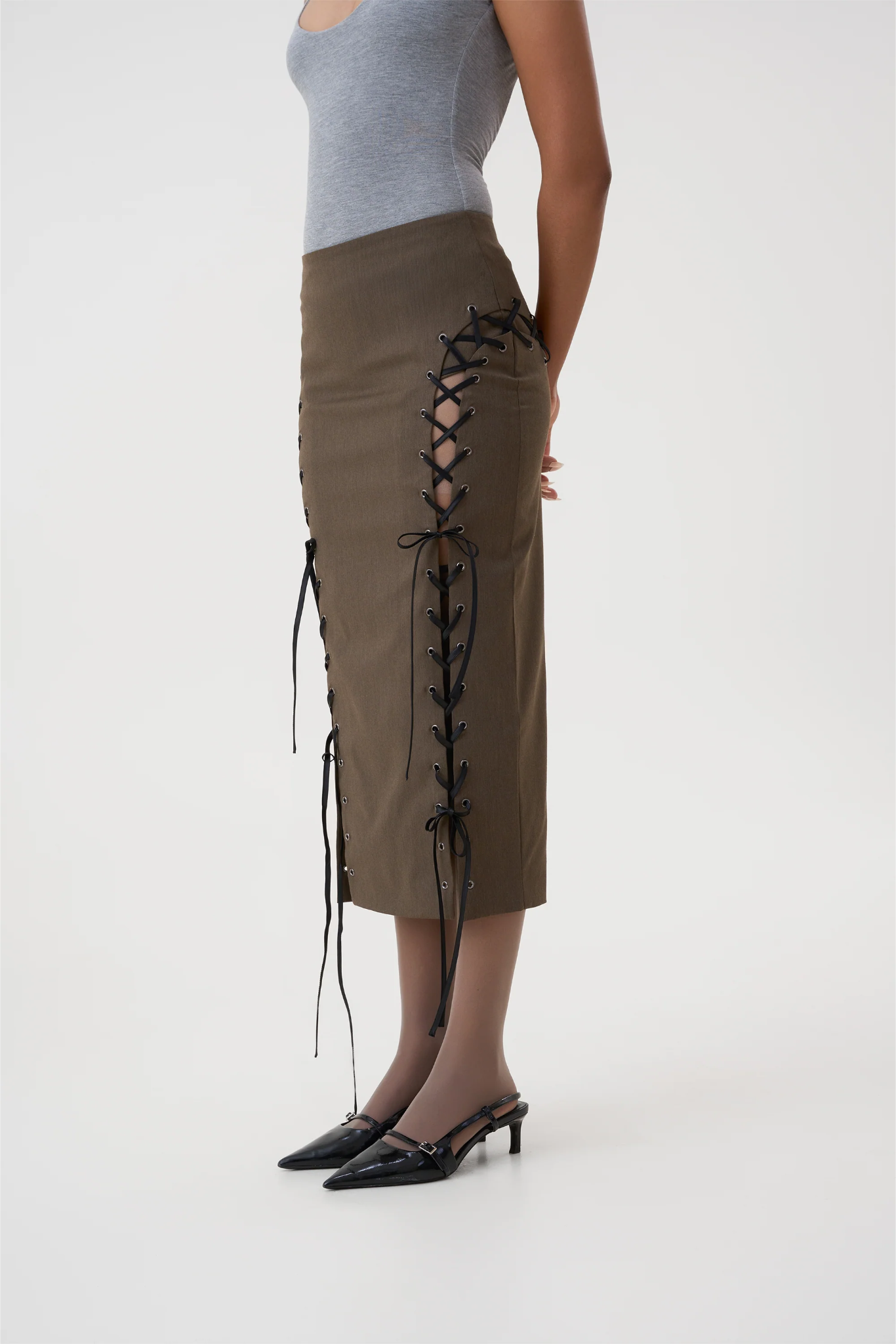 EIRENE EYELET SKIRT - KHAKI BROWN