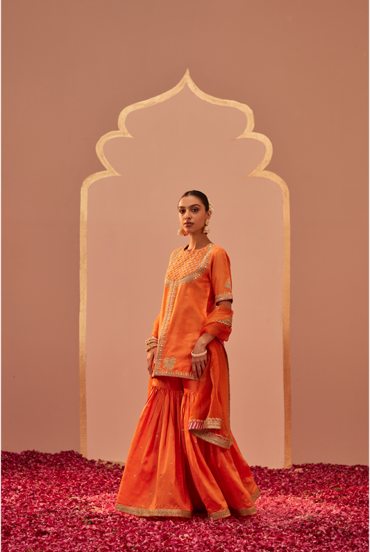 Suhair Kurta Garara Set - Tangerine Orange