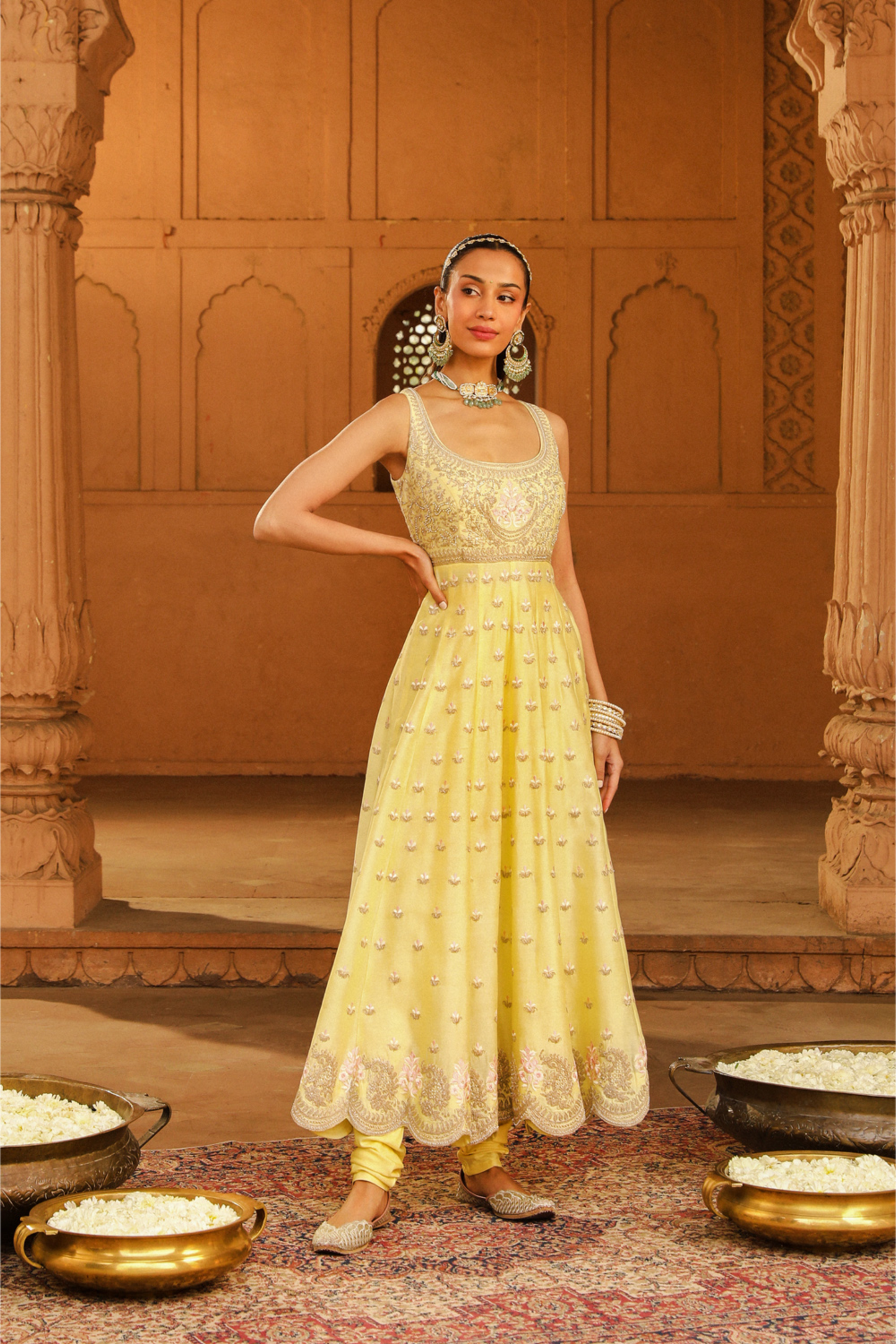 Wafiya Long Anarkali with chooridaar and dupatta - Lemon Yellow