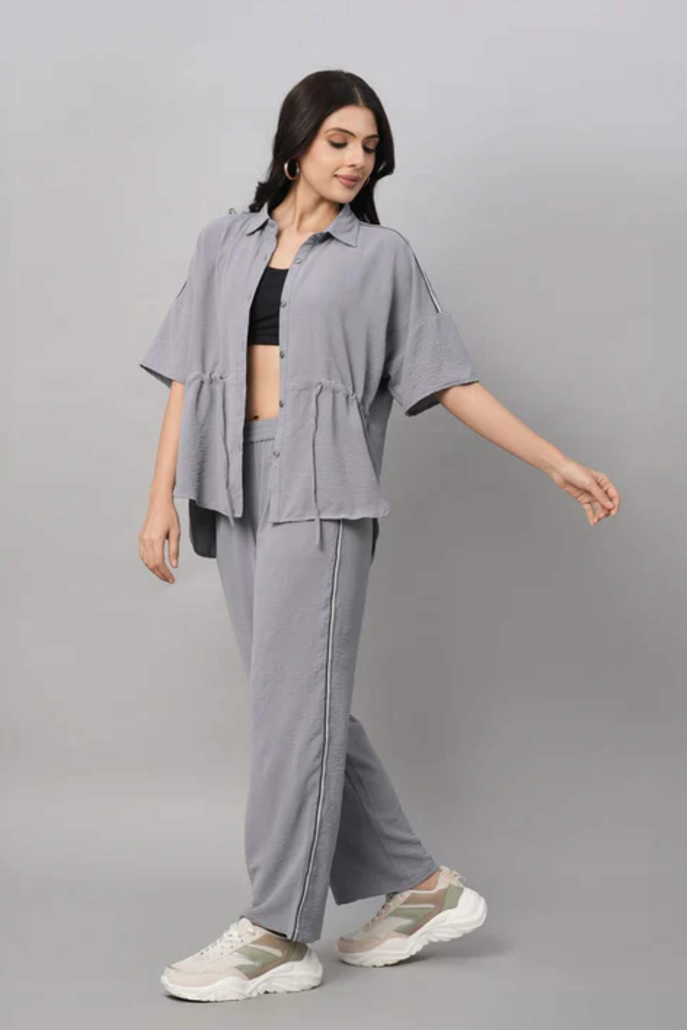 Grey Tie Up Top with Loose Pants Cord Set