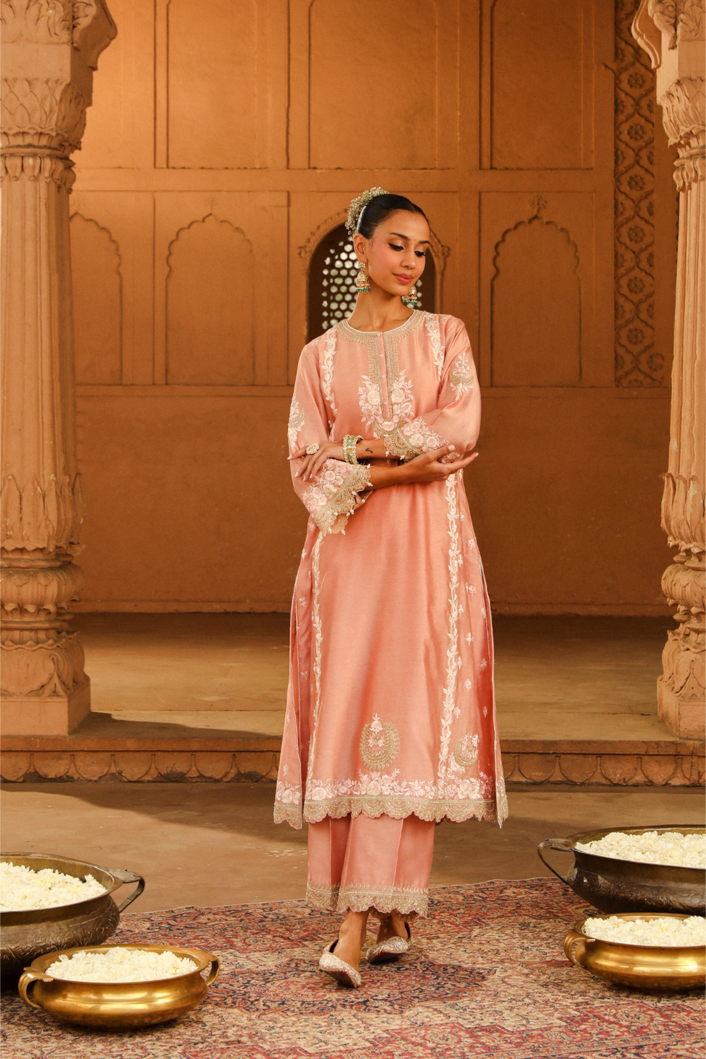 Yasna A-line palazzo suit with dupatta - Off Rose