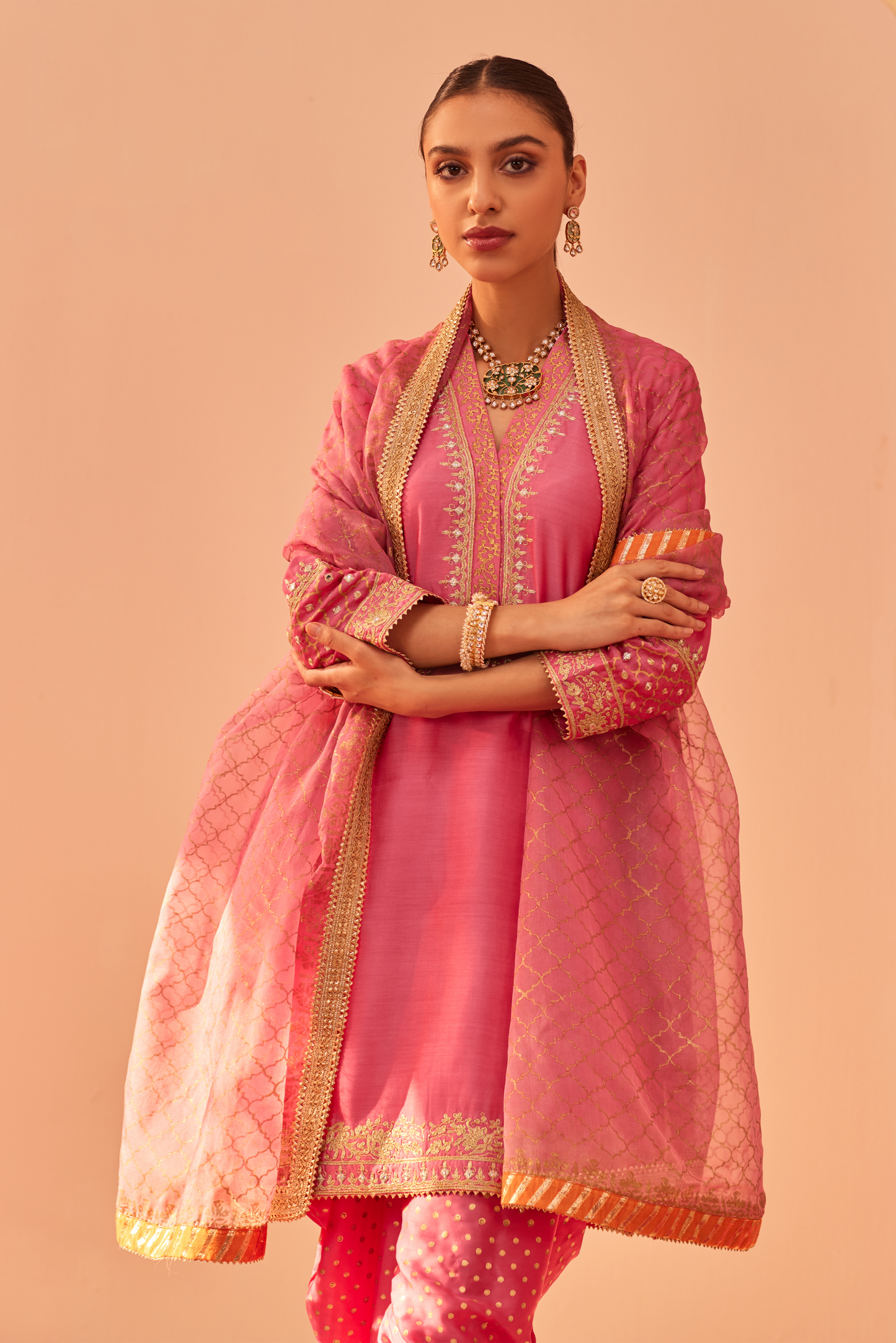 Faheeda Short Kurta with Dhoti Set - Flamingo Pink