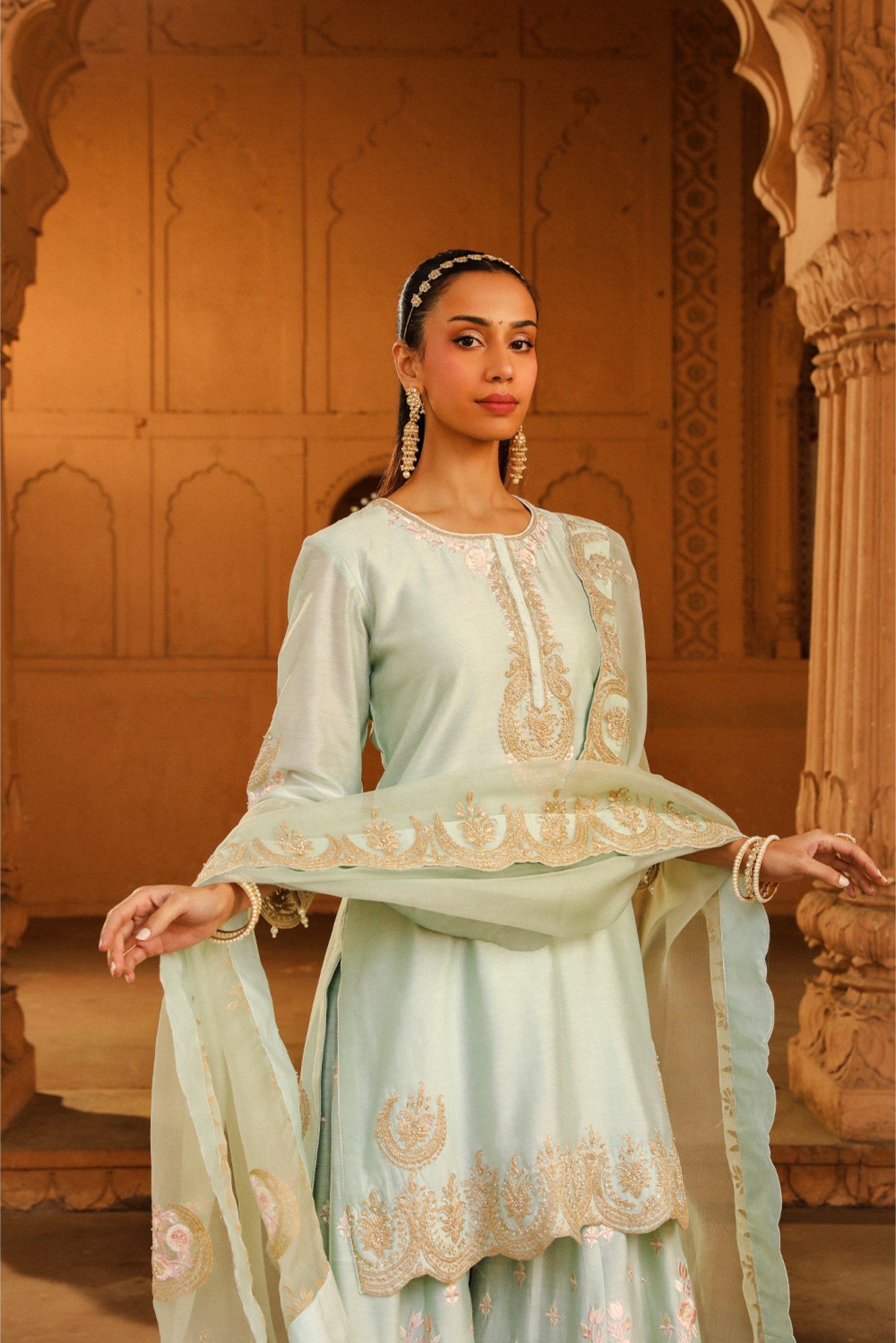 Ayda Short kurta with sharara and dupatta - Misty Green