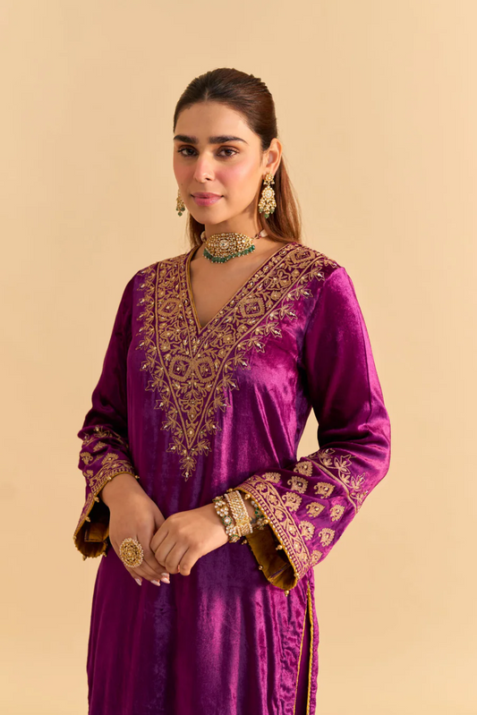 Aynaz - Silk Velvet Deep Purple Kurta With Salwar