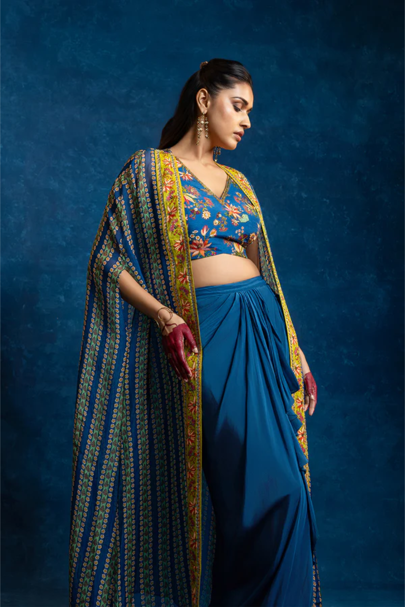 Aarani embellished drape skirt set with long cape