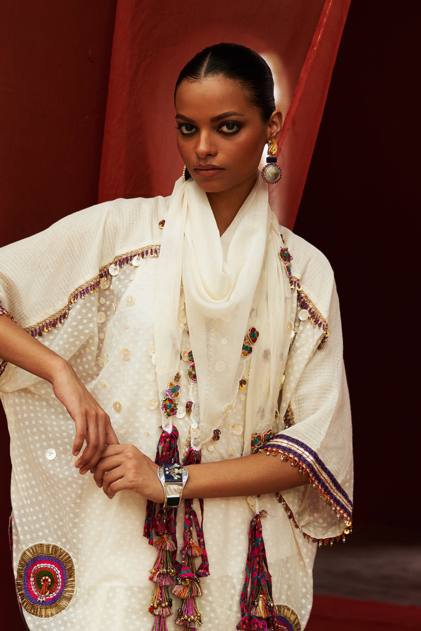 Ivory Embroidered Kaftan Set