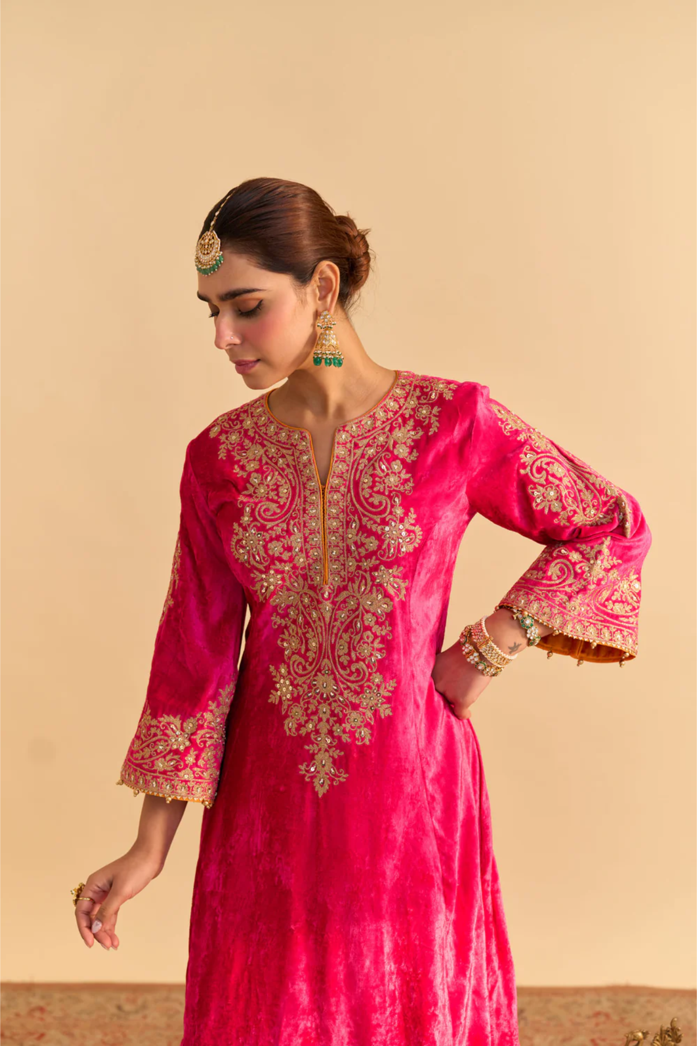 Eira - Silk Velvet Hotpink A-line Kurta With Dhoti