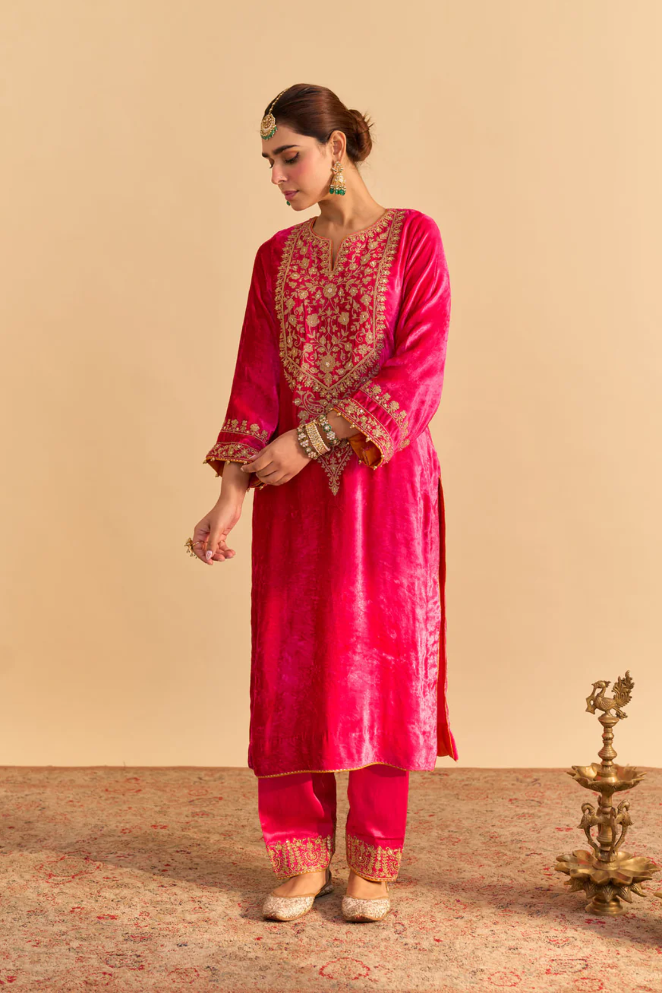 Fareeha - Silk Velvet Hotpink Kurta With Salwar