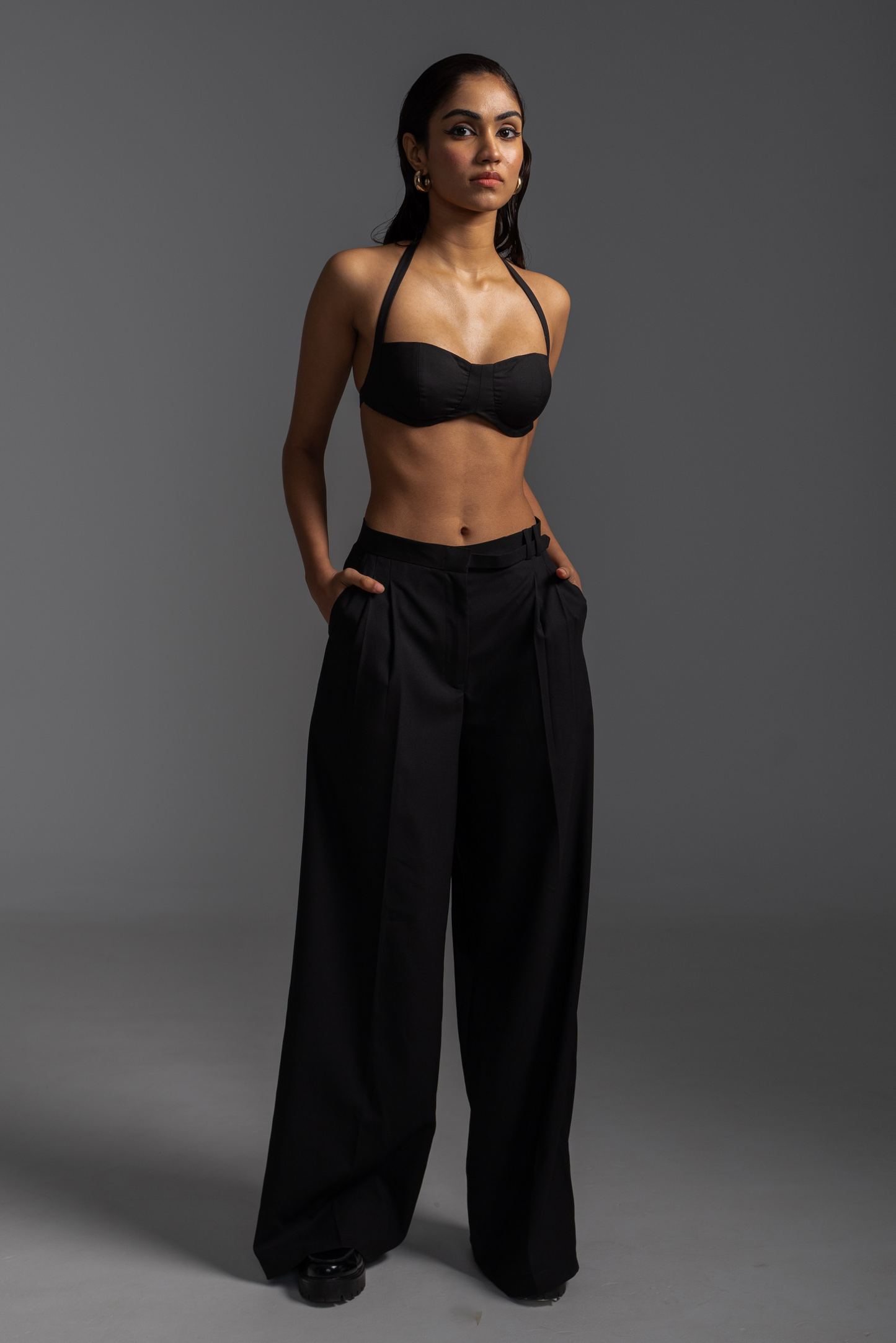 Belted Flare Trousers - Black