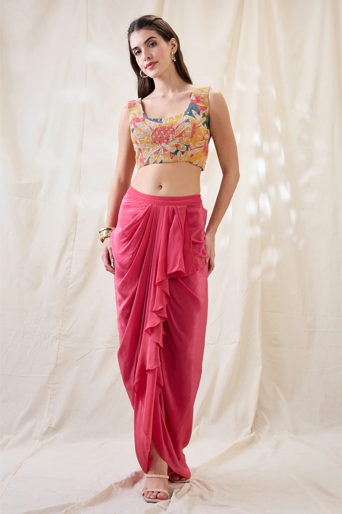 Ravya Drape Skirt Set with Embellished Cape