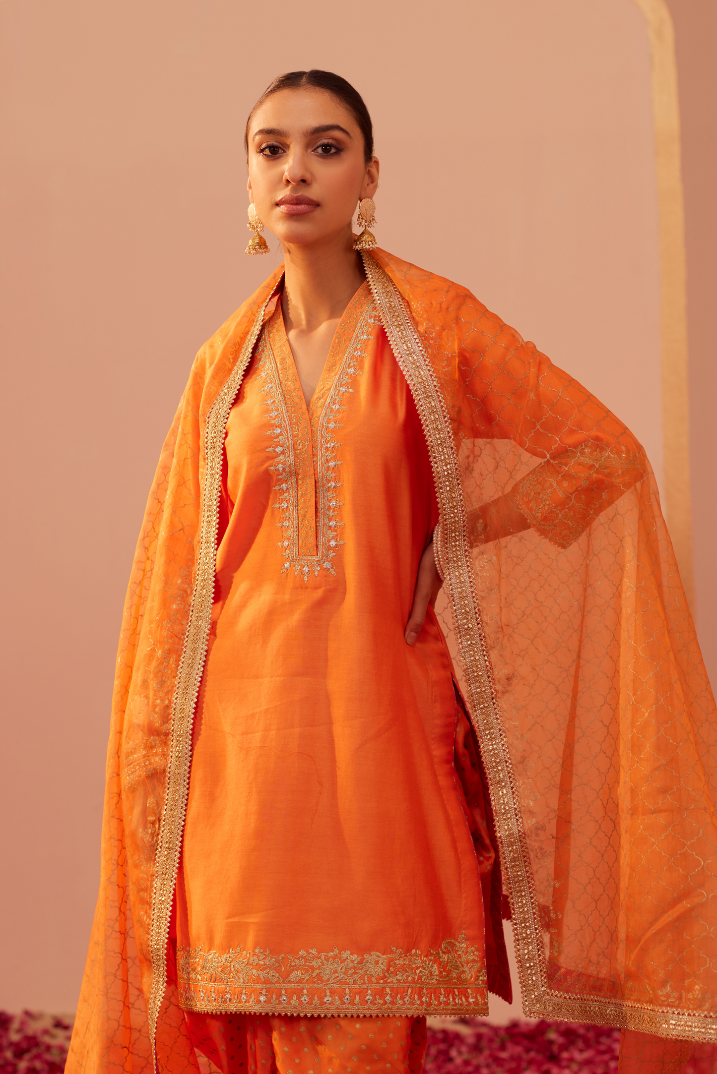 Faheeda Short Kurta with Dhoti Set - Tangerine Orange