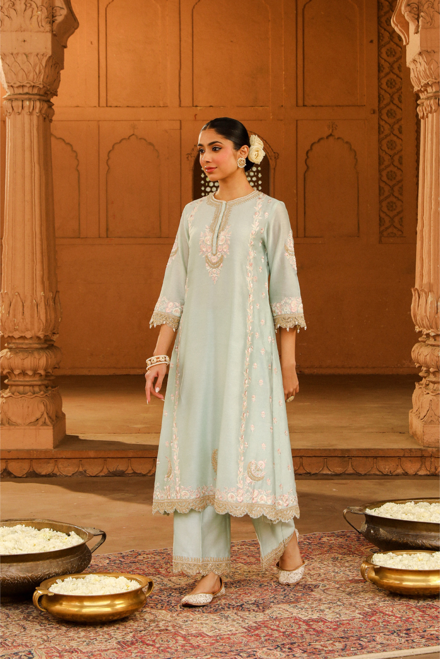 Yasna A-line palazzo suit with dupatta - Misty Green