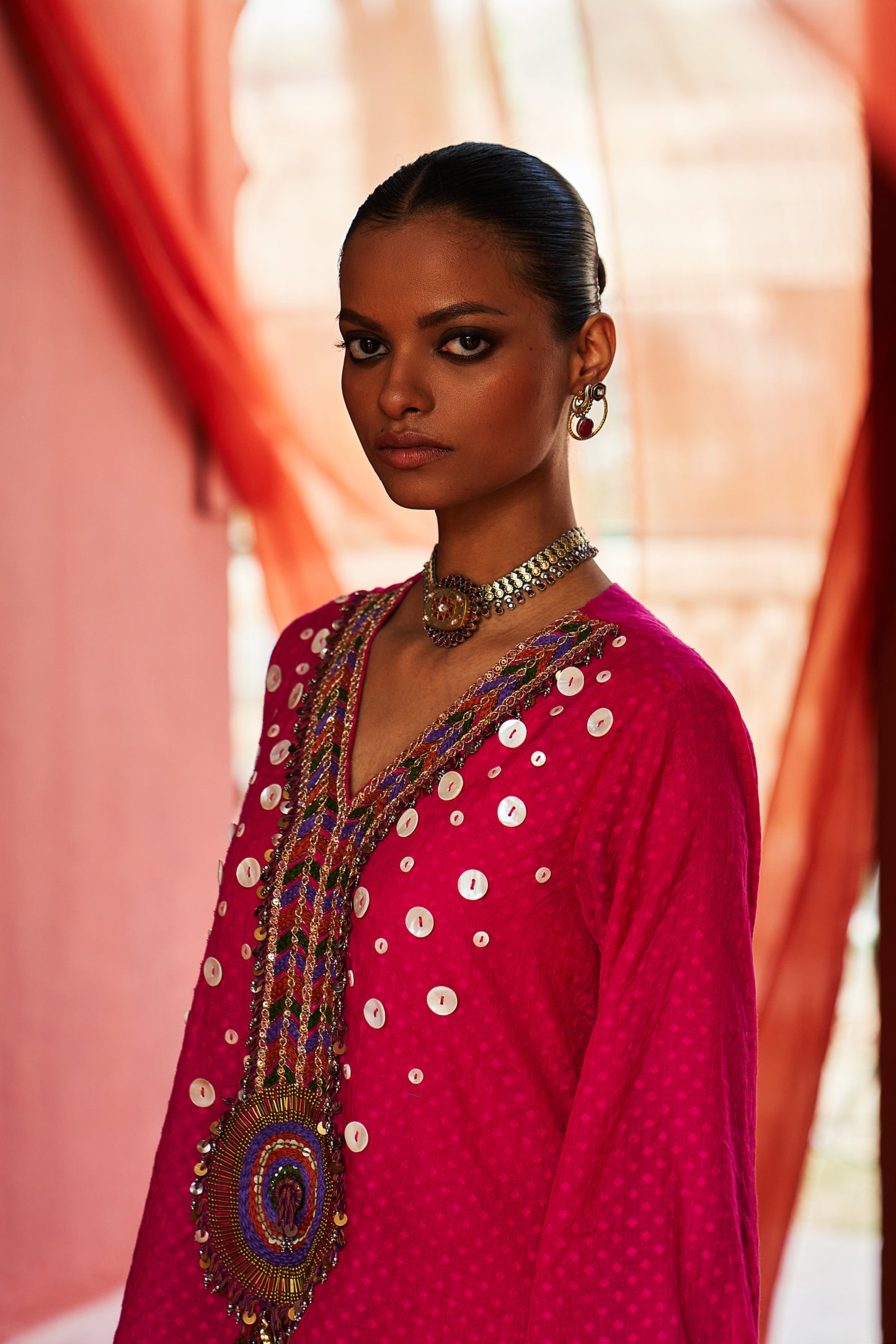 Pink Short Kurta with Slit Pants