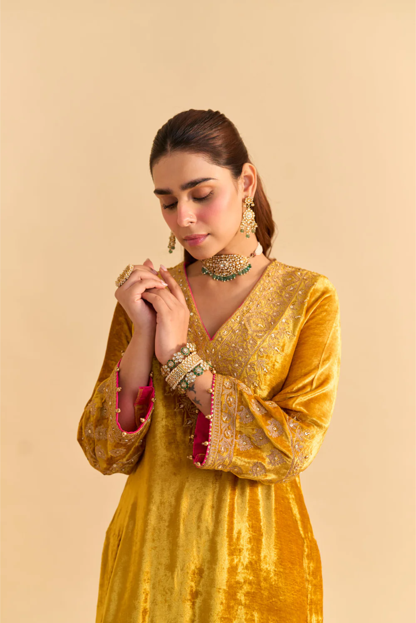 Aynaz - Silk Velvet Mustard Kurta With Salwar