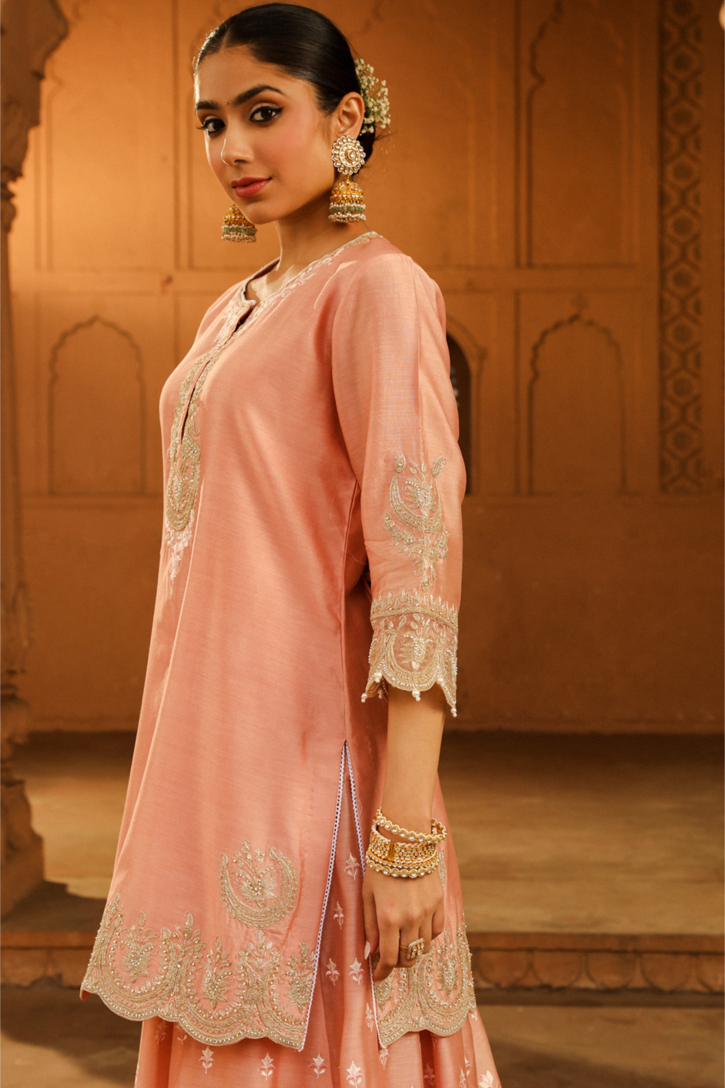 Ayda Short kurta with sharara and dupatta - Off Rose