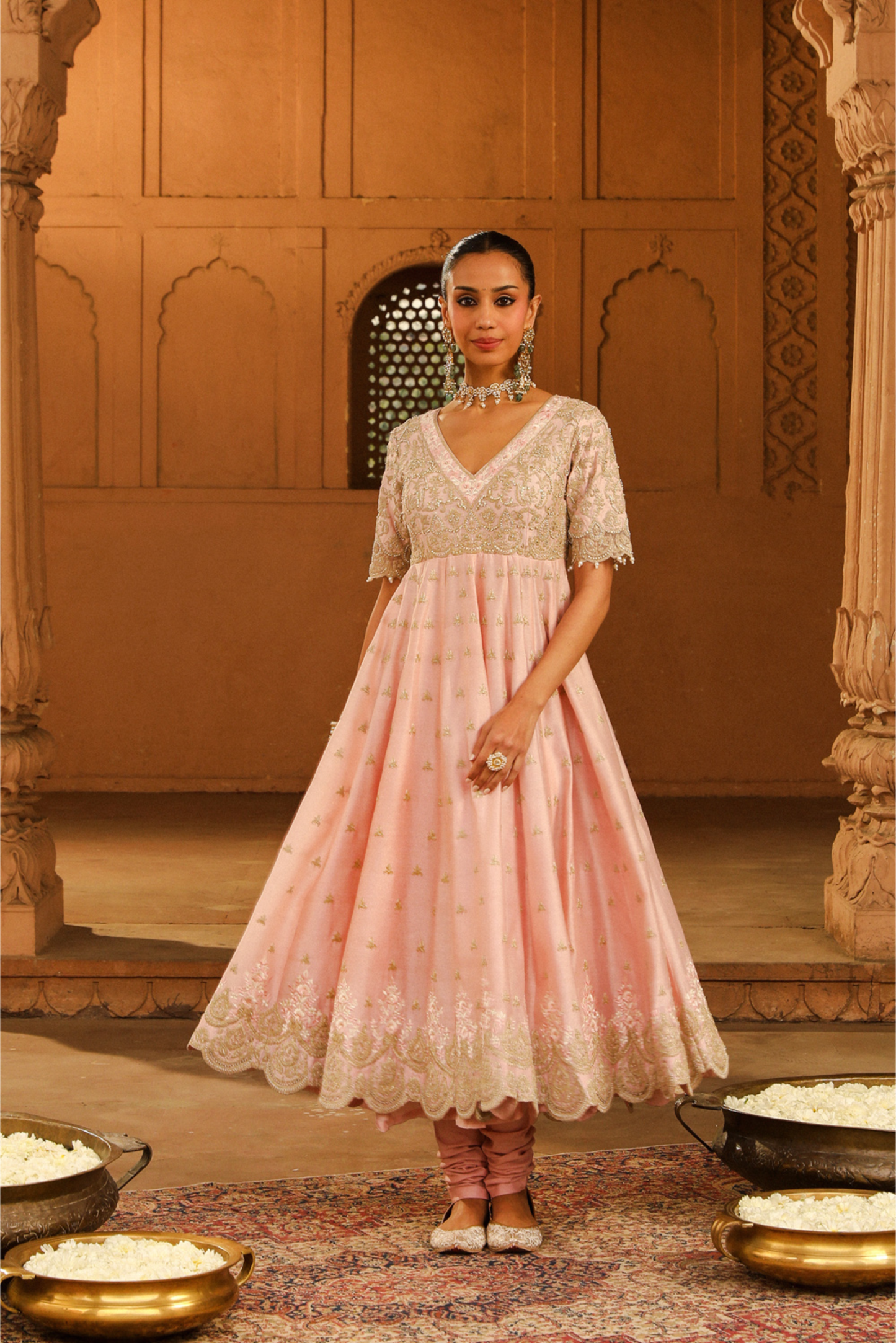 Wasifa Long Anarkali with chooridaar and dupatta - Blush Pink