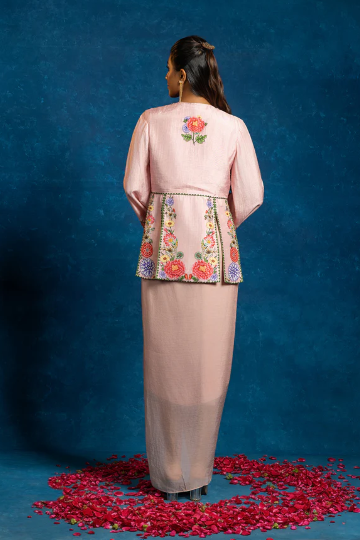 Baghira embellished panelled top with drape skirt