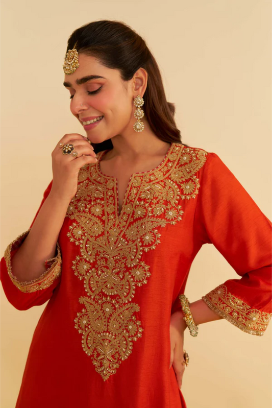 Hiba - Burnt Orange Long Kaftan With Salwar And Dupatta